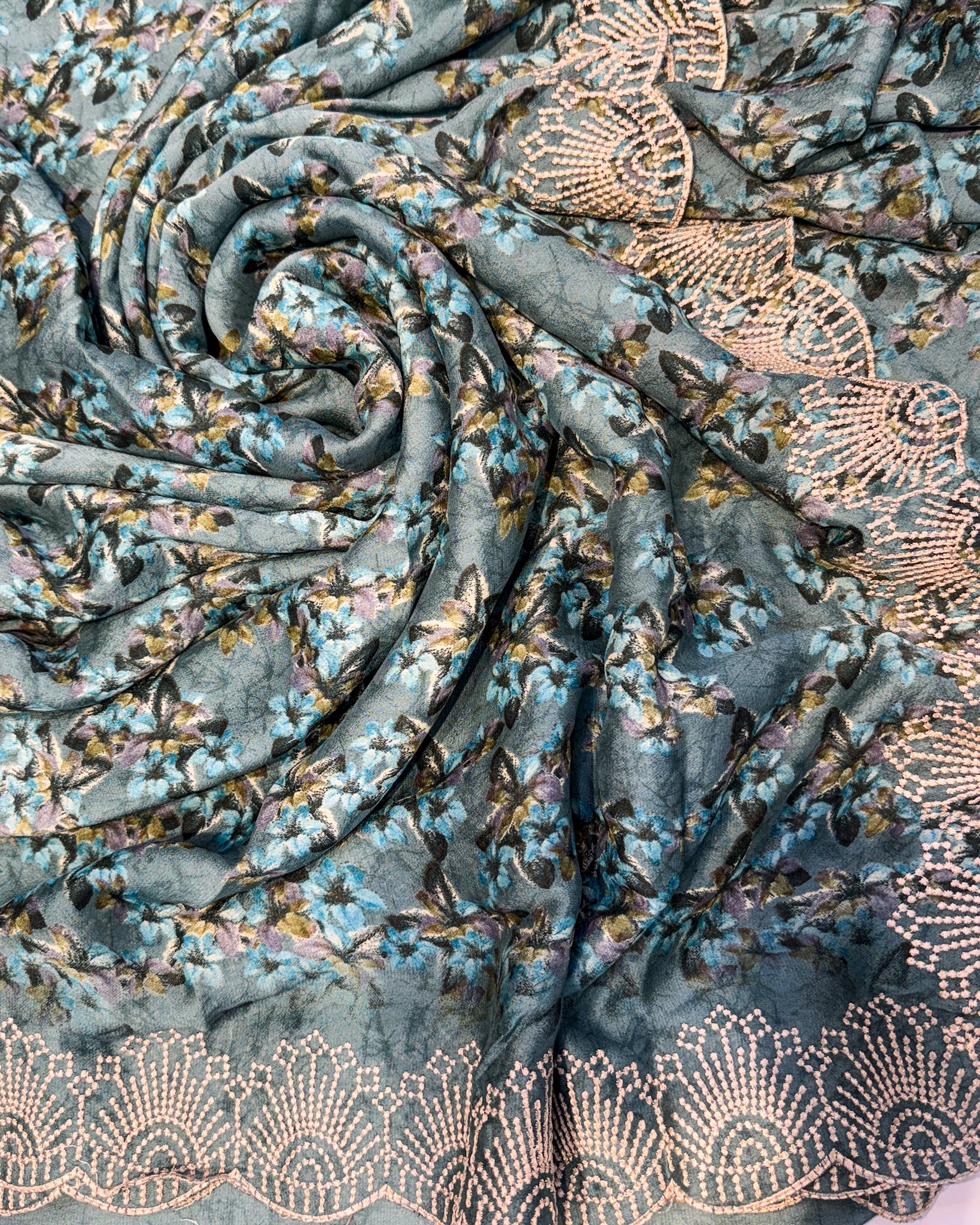 Premium Chiffon Saree with Embroidery Border – Sea Blue