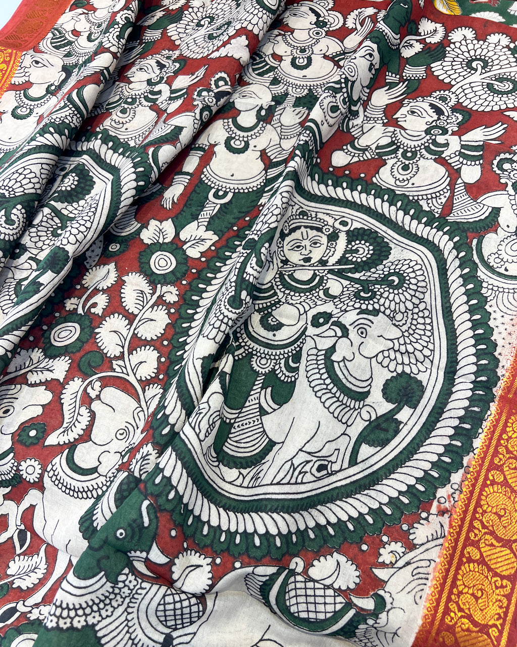 Kalamkari Cotton Saree with Nizam Border – Green Floral Pattern