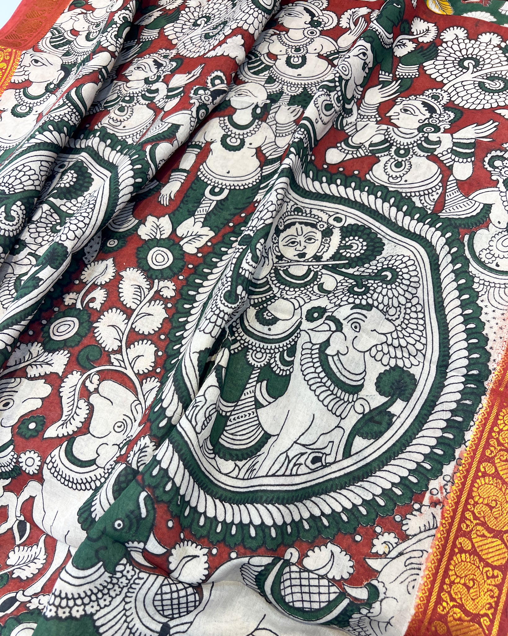 Kalamkari Cotton Saree with Nizam Border – Green Floral Pattern