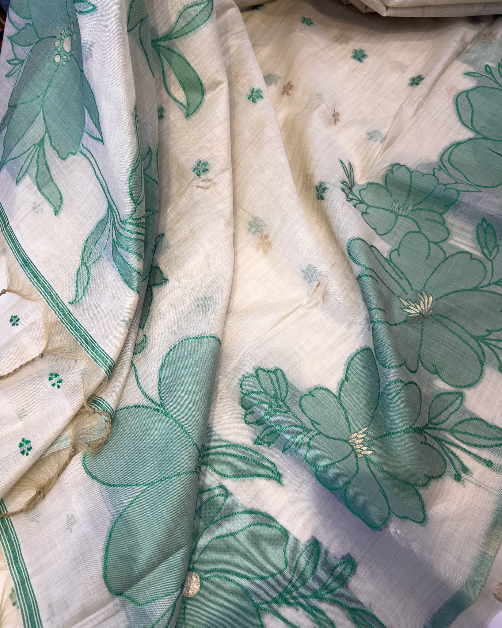 Cream Muga Cotton Saree with Green Floral Threadwork