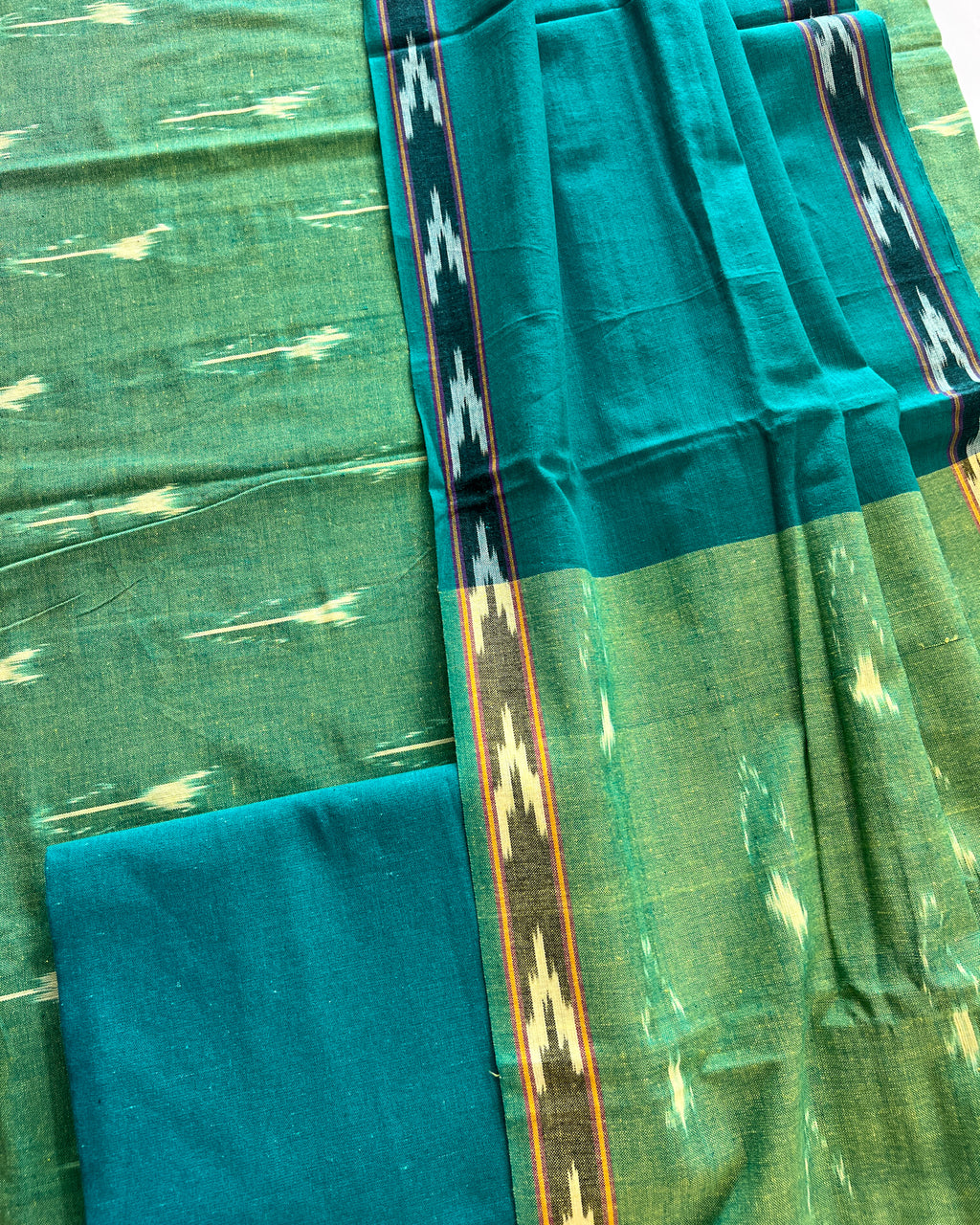 Single Ikkat Cotton Dress Material 3-Piece Green/Blue