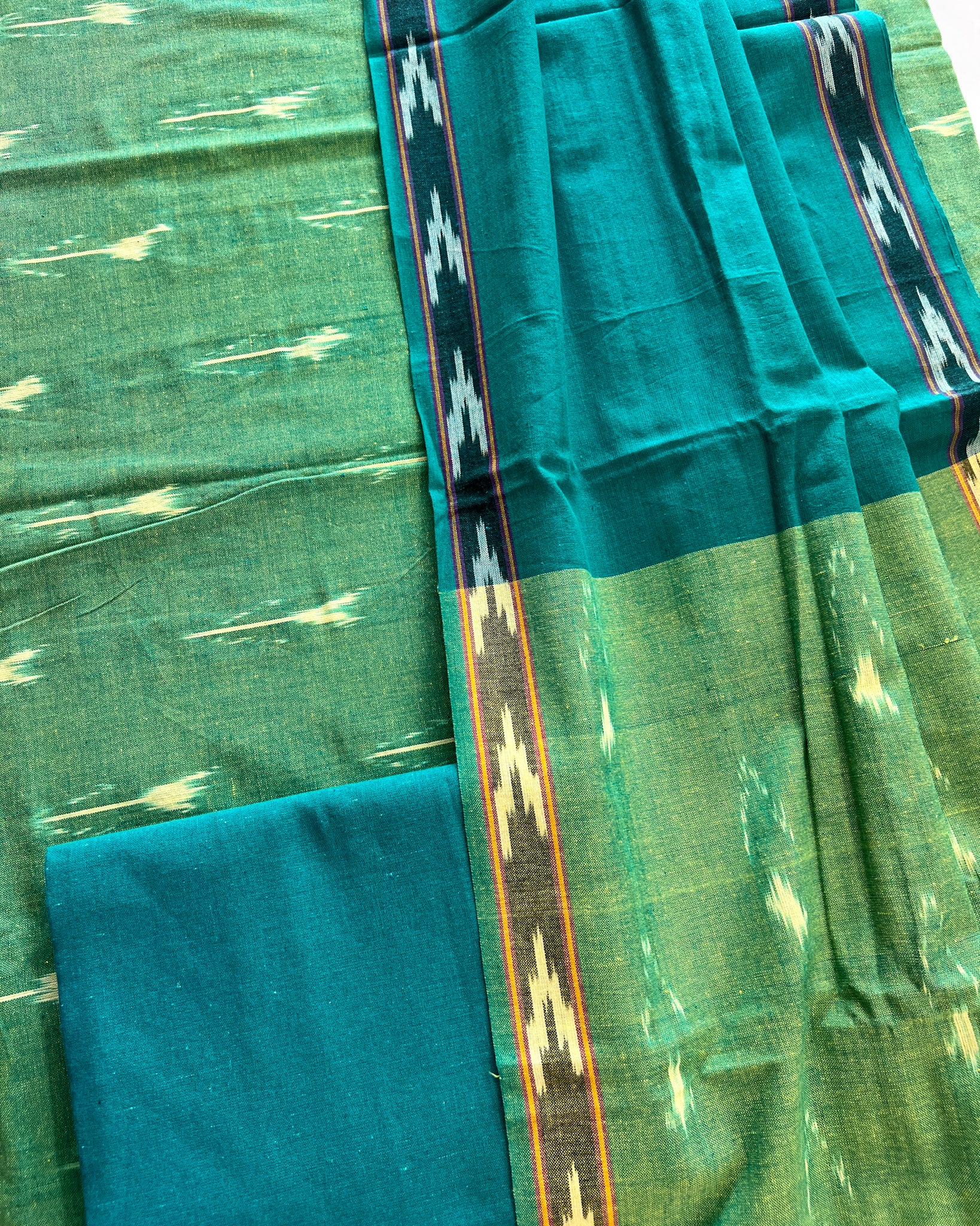 Single Ikkat Cotton Dress Material 3-Piece Green/Blue