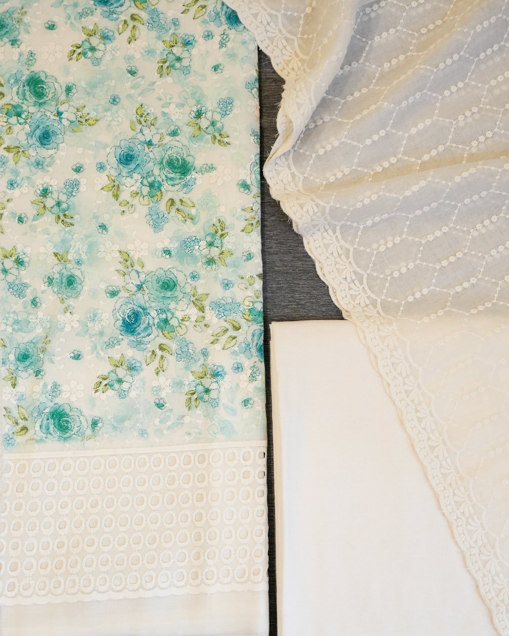 Cream & Blue Cotton Chikankari Embroidered Floral Printed Unstitched Suit