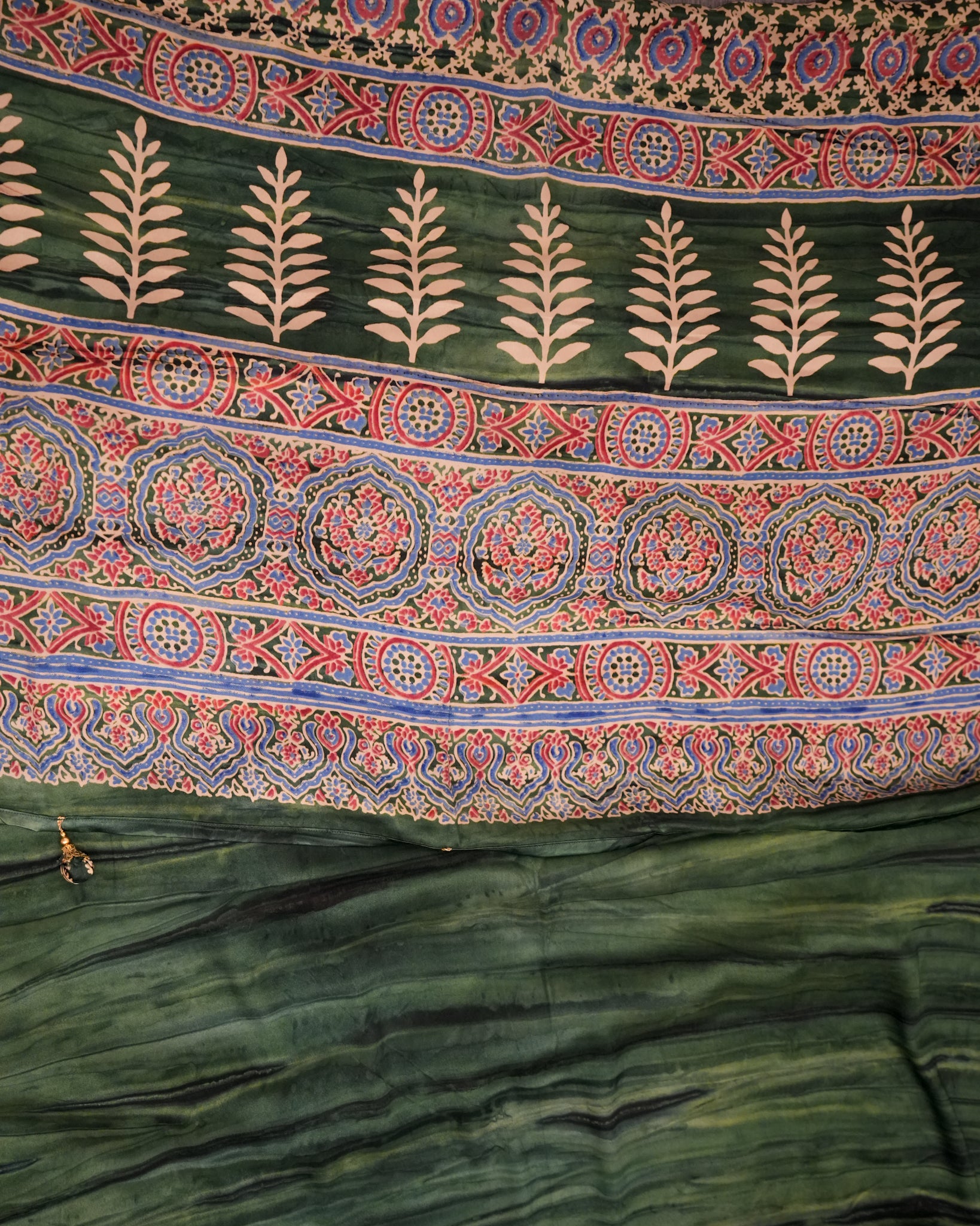 Premium Semi Modal Silk Saree in Green with Shibori & Ajrakh Print