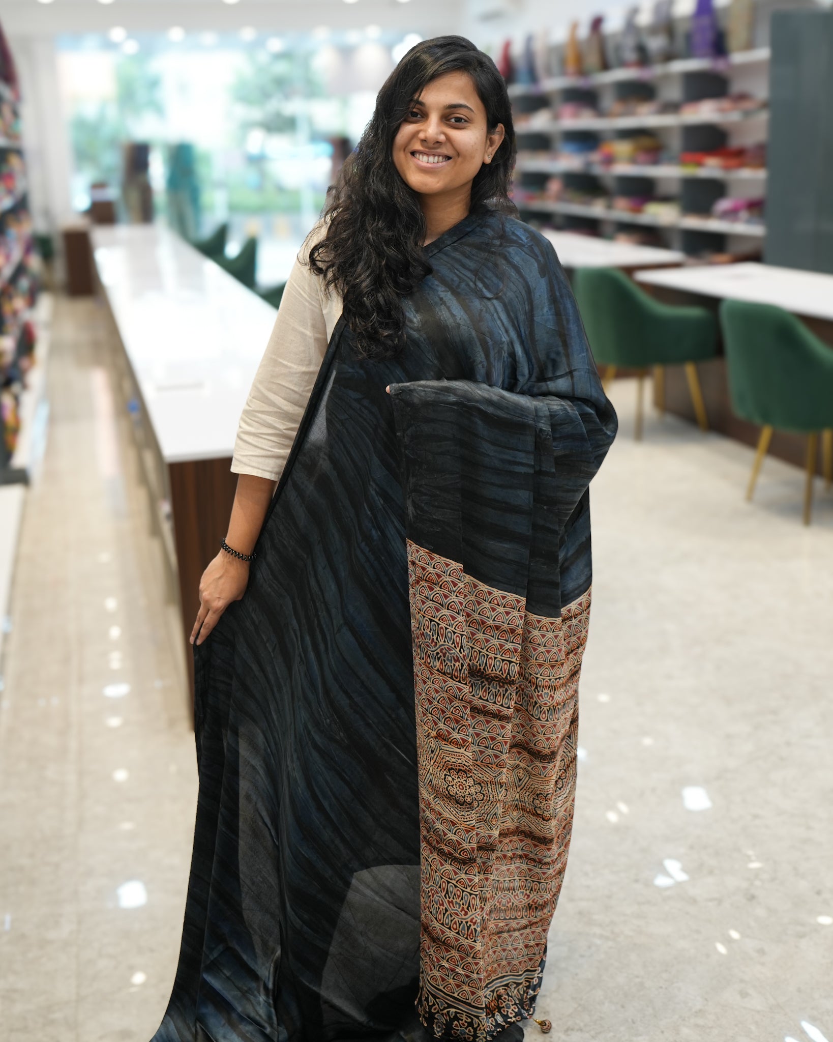 Premium Semi Modal Silk Saree in Black with Shibori & Ajrakh Print