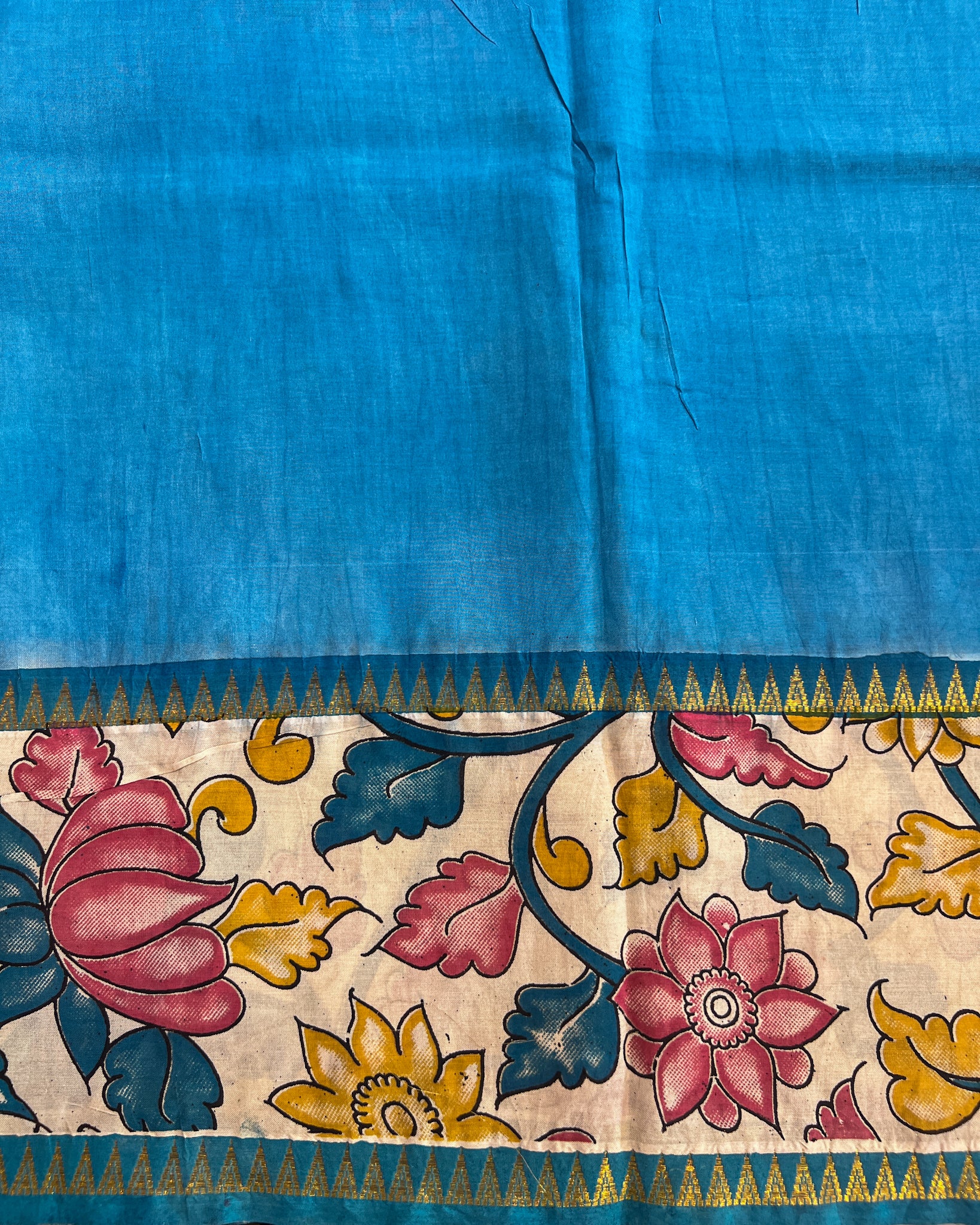 Mangalagiri Silk Saree with Kalamkari Border & Pallu | Blue