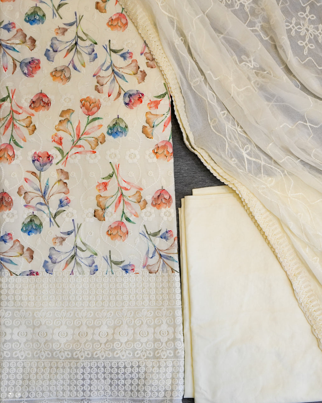 Cream Cotton Chikankari Embroidered Floral Printed Unstitched Suit