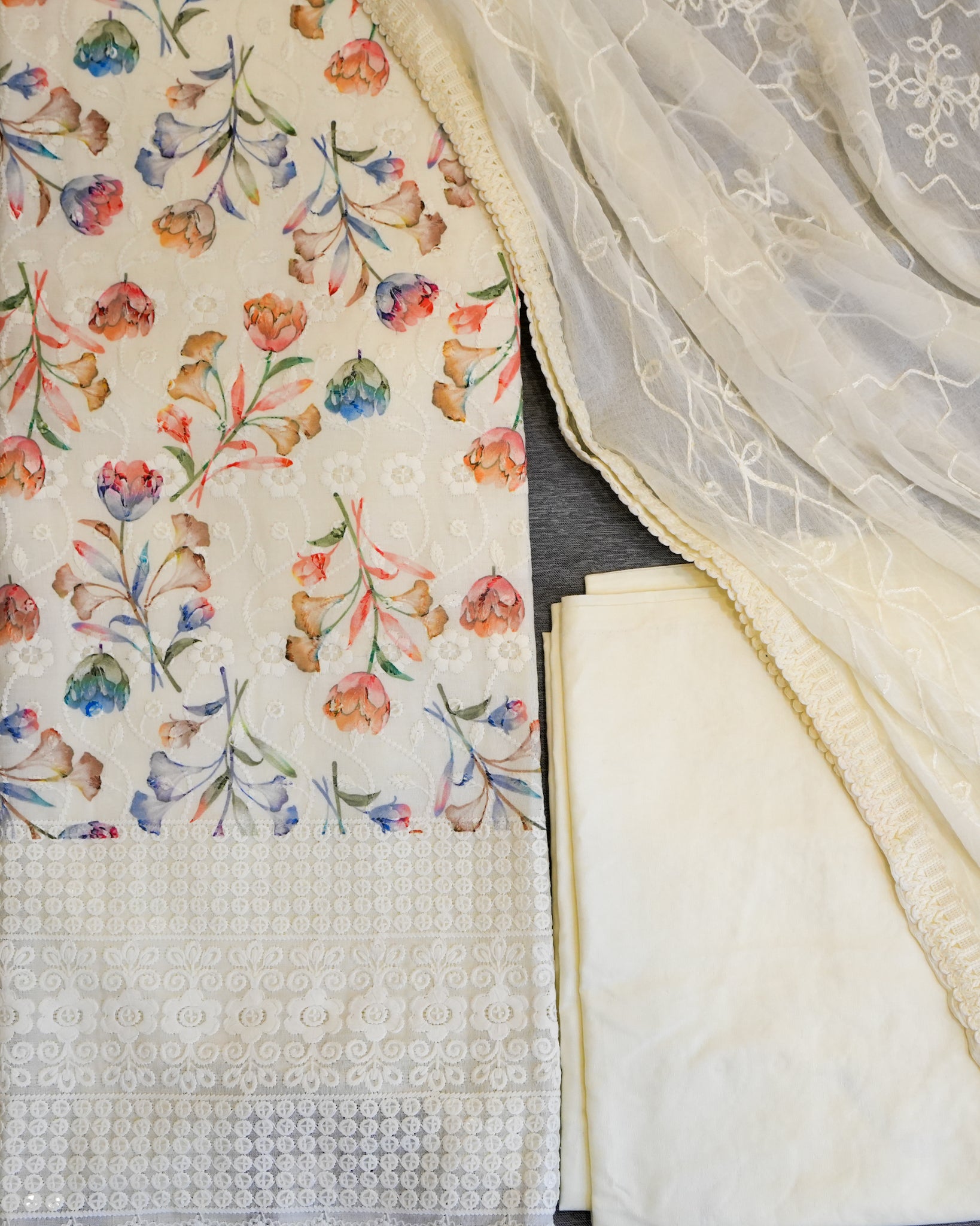 Cream Cotton Chikankari Embroidered Floral Printed Unstitched Suit