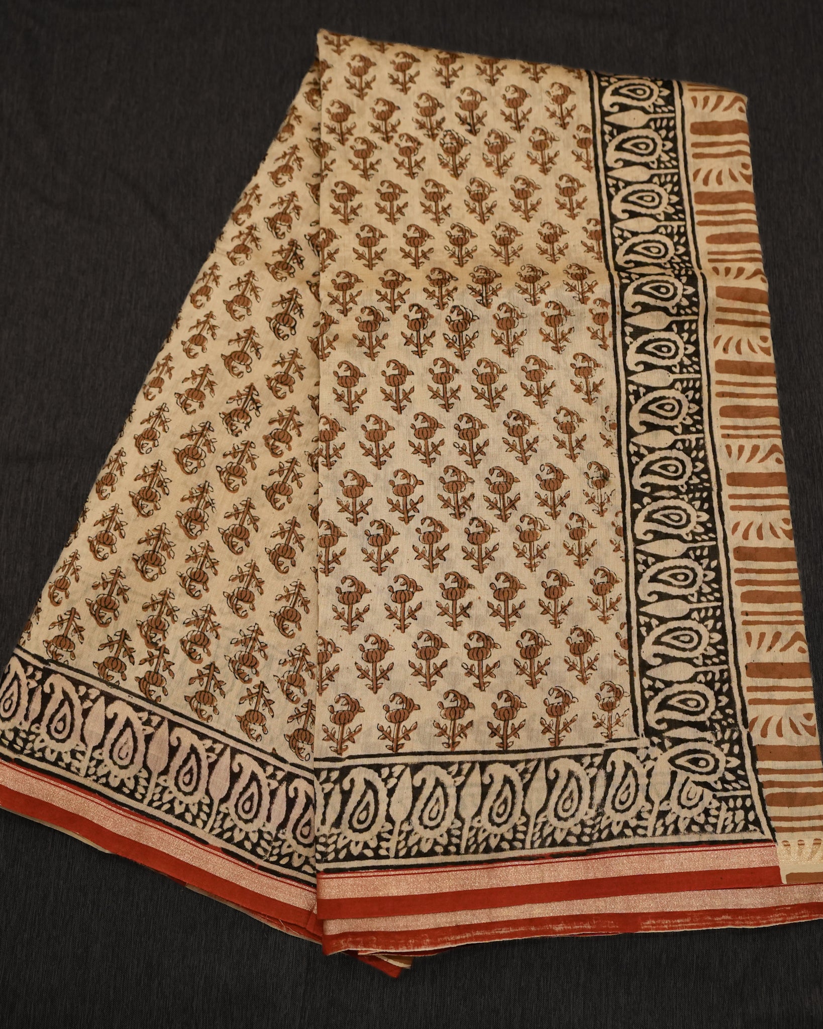 Chanderi Mango Floral Silk Saree – Red, Black & Cream
