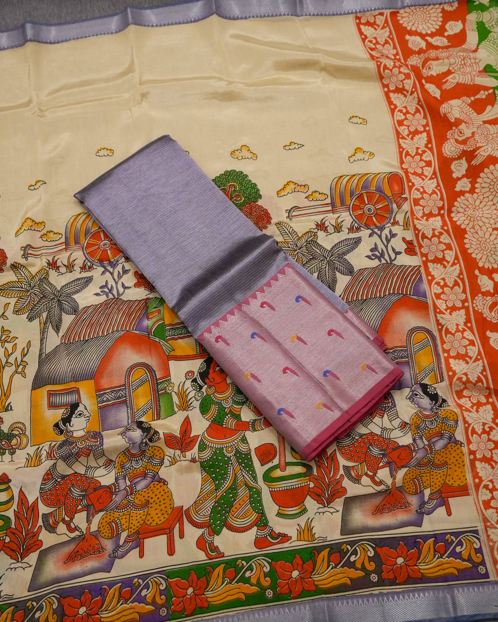 Mangalagiri Silk Lavendar Lehenga Set Kalamkari Dupatta