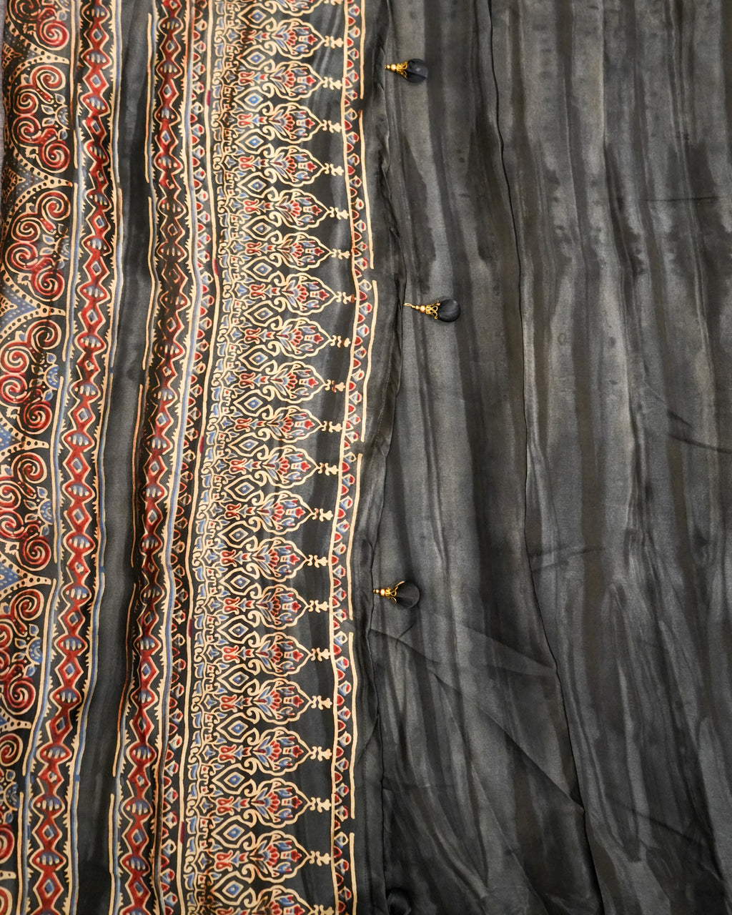 Premium Semi Modal Silk Saree in Gray with Shibori & Ajrakh Print