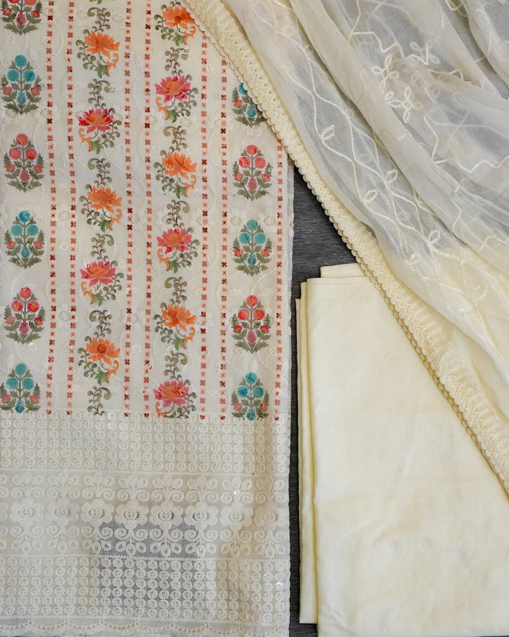Cream Cotton Chikankari Embroidered Floral Printed Unstitched Suit