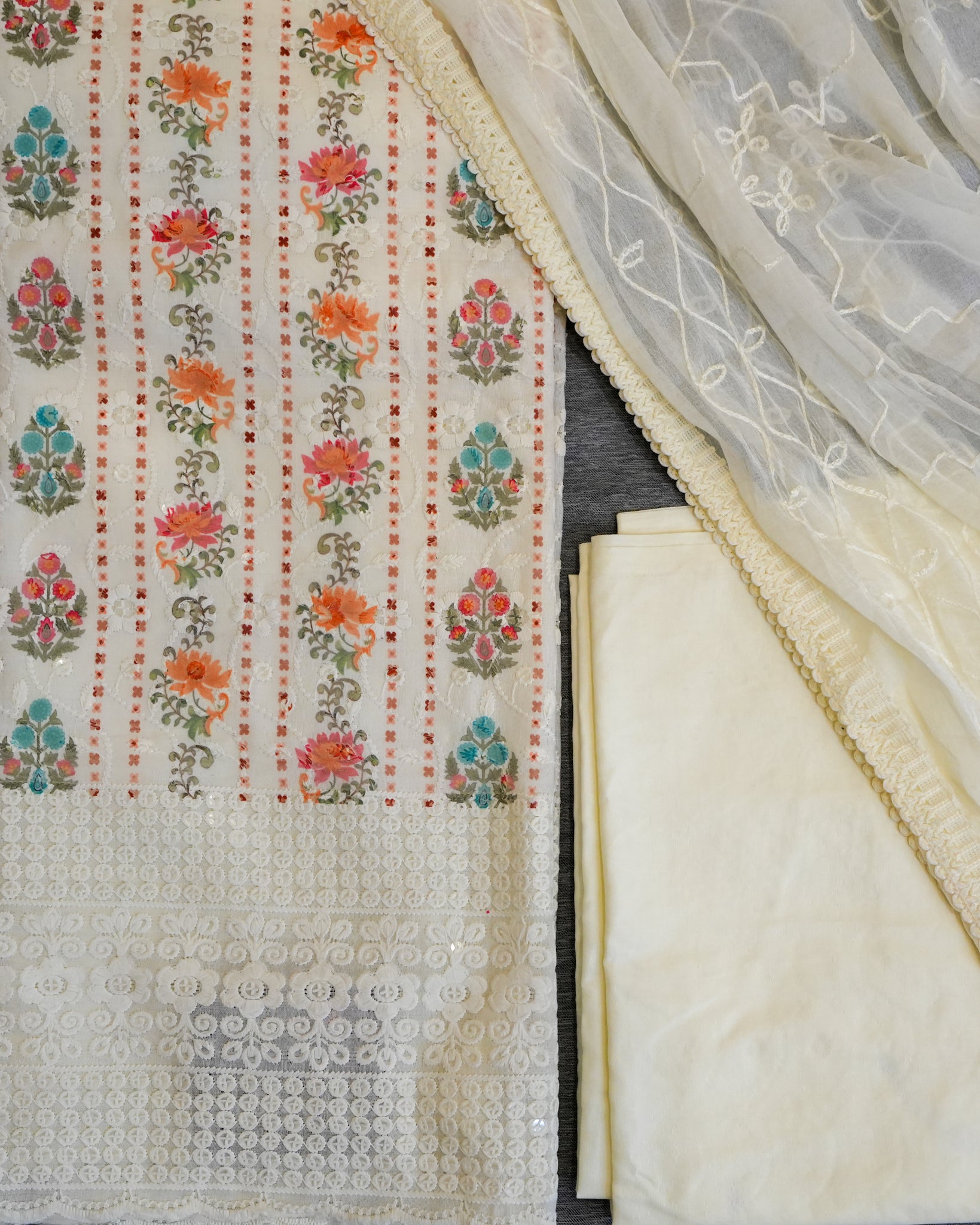 Cream Cotton Chikankari Embroidered Floral Printed Unstitched Suit