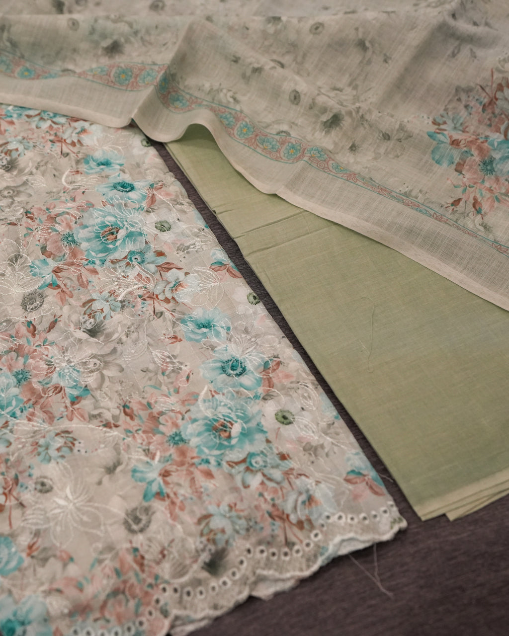 Blue Cotton Chikankari Embroidered Floral Printed Unstitched Suit