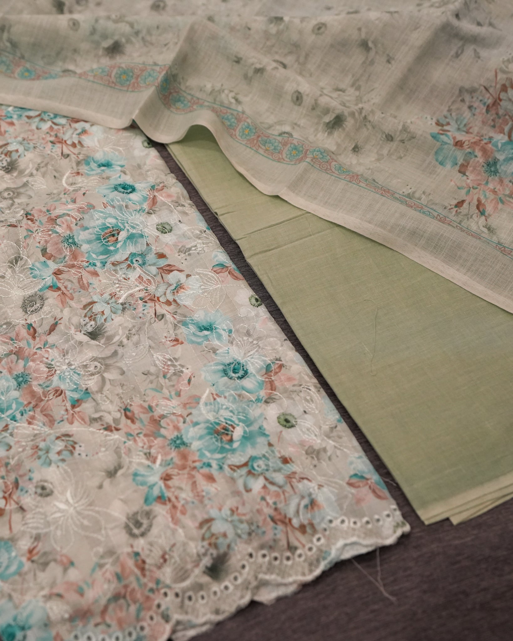 Blue Cotton Chikankari Embroidered Floral Printed Unstitched Suit