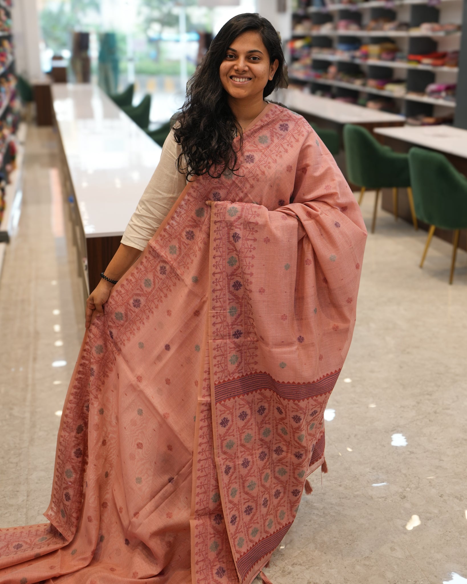 Pink Muga Cotton Saree with Jamdhani Weaving