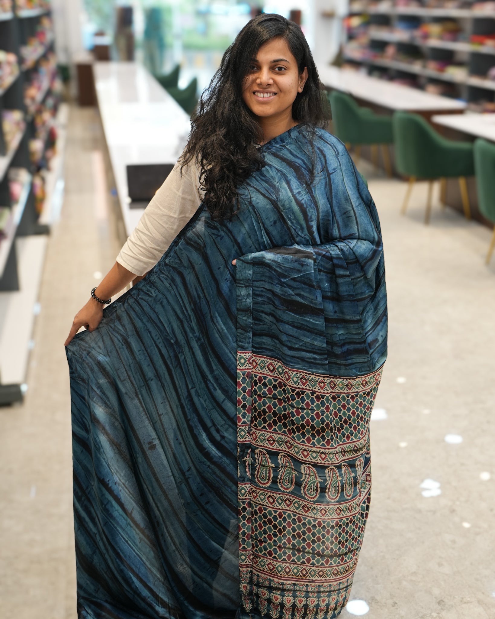 Premium Semi Modal Silk Saree in Blue with Shibori & Ajrakh Print