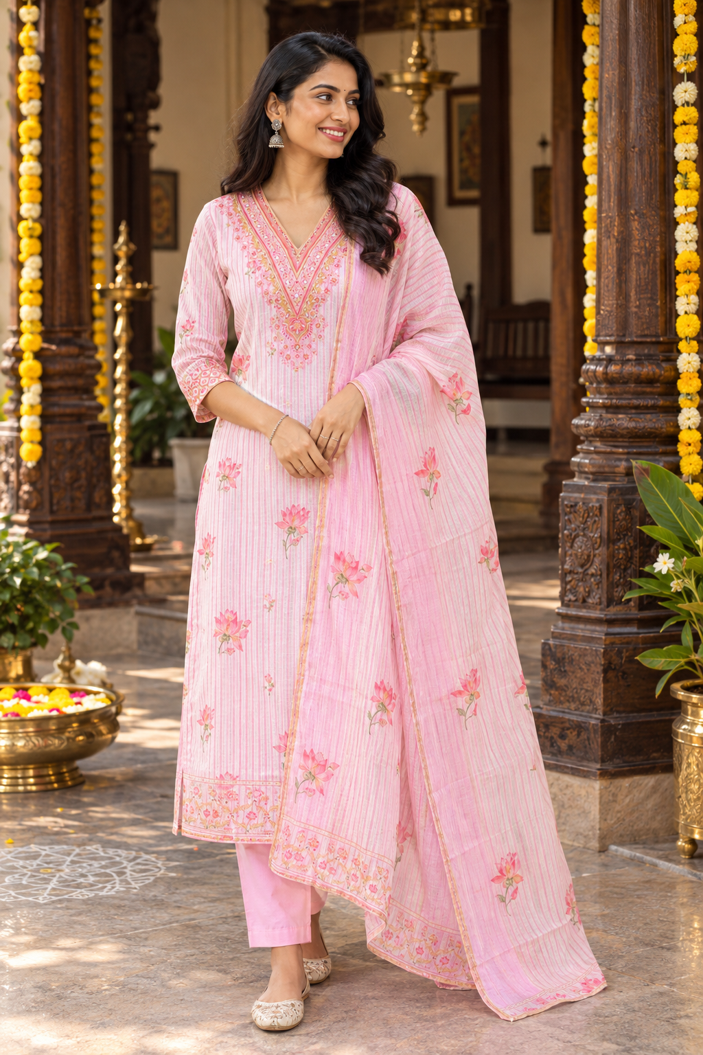 Blush Pink Lotus Print Kota Doria Readymade Kurta Set with Dupatta