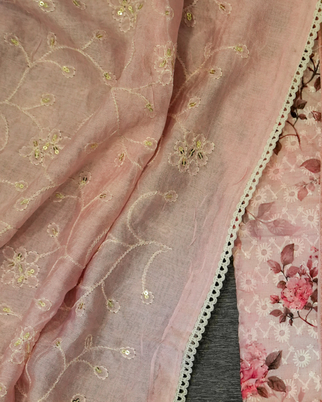 Pink Cotton Chikankari Embroidered Floral Printed Unstitched Suit