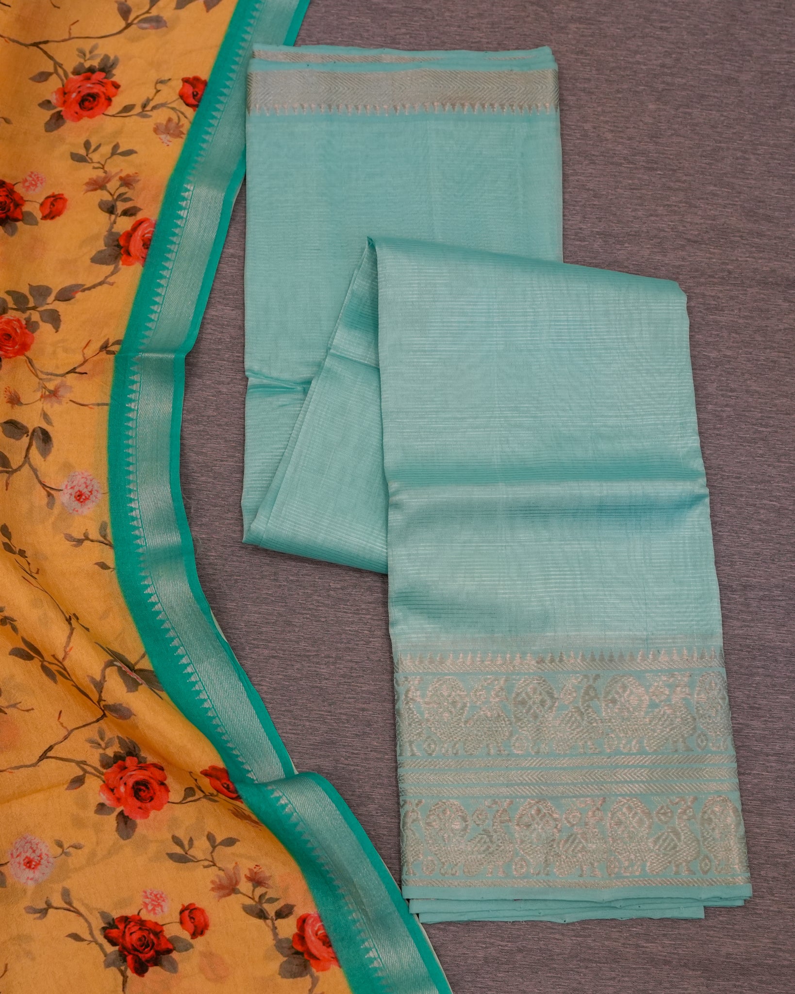 Pure Mangalagiri Silk SeaGreen Lehenga Set Kalamkari Dupatta