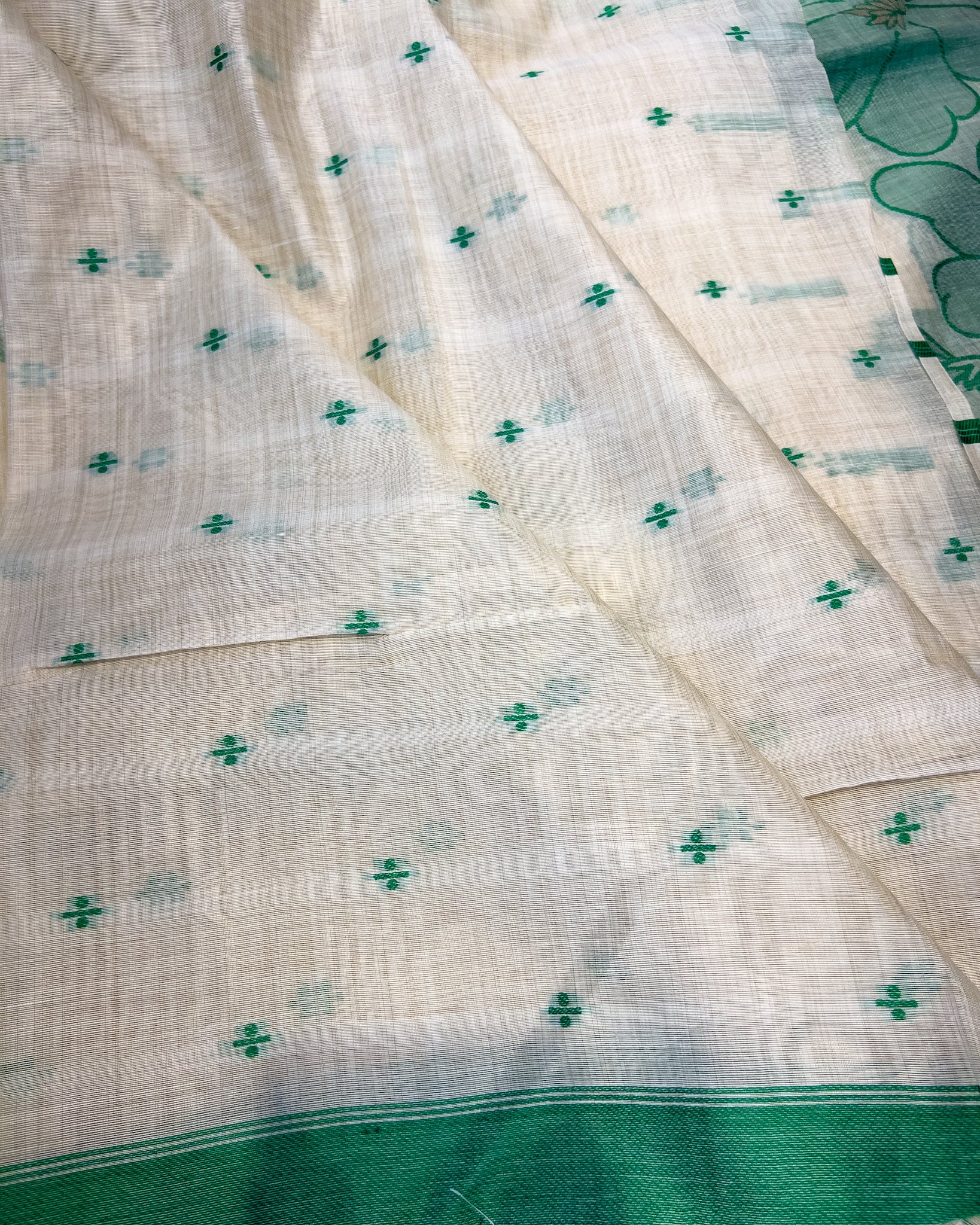 Cream Muga Cotton Saree with Green Floral Threadwork