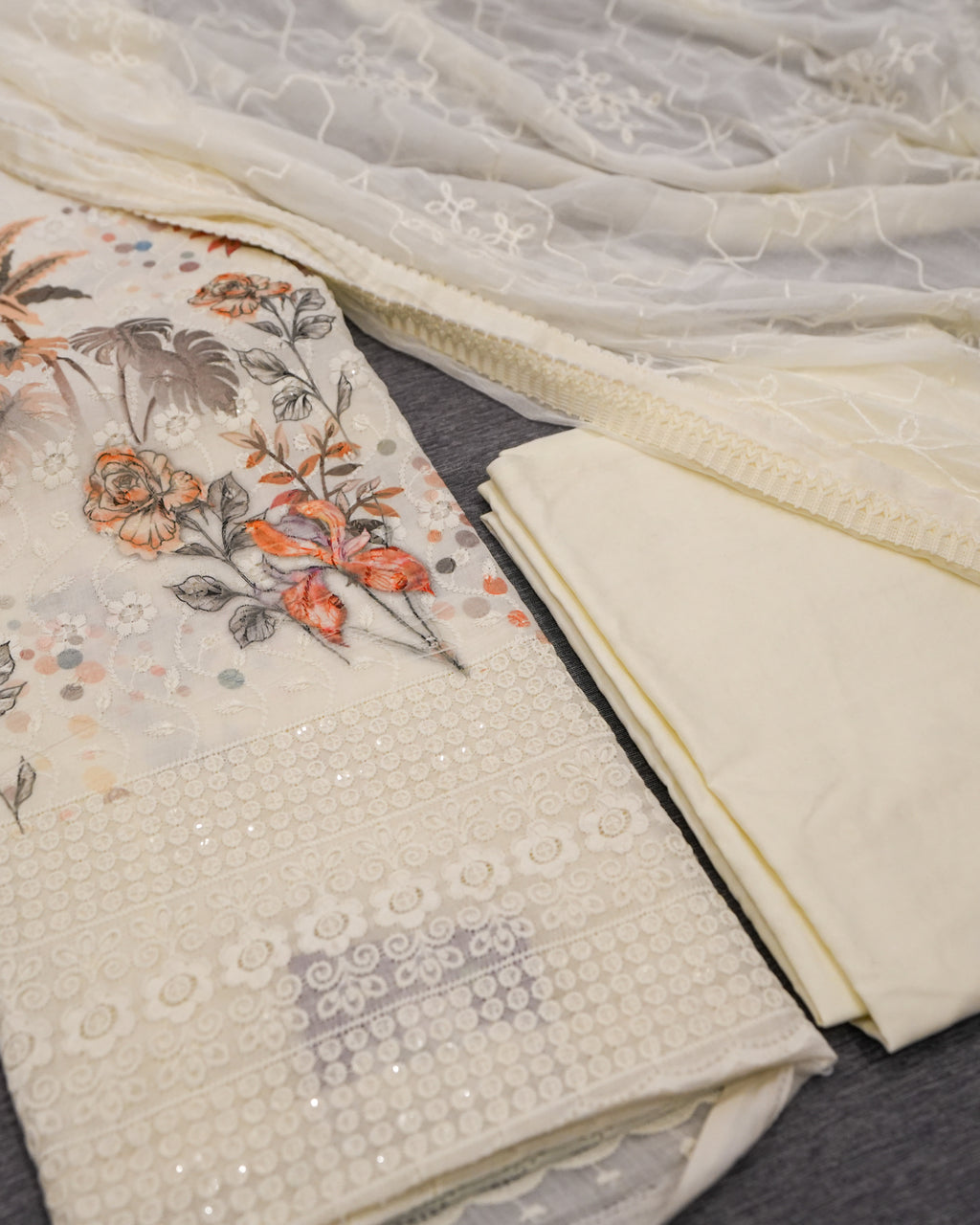 Cream Cotton Chikankari Embroidered Floral Printed Unstitched Suit