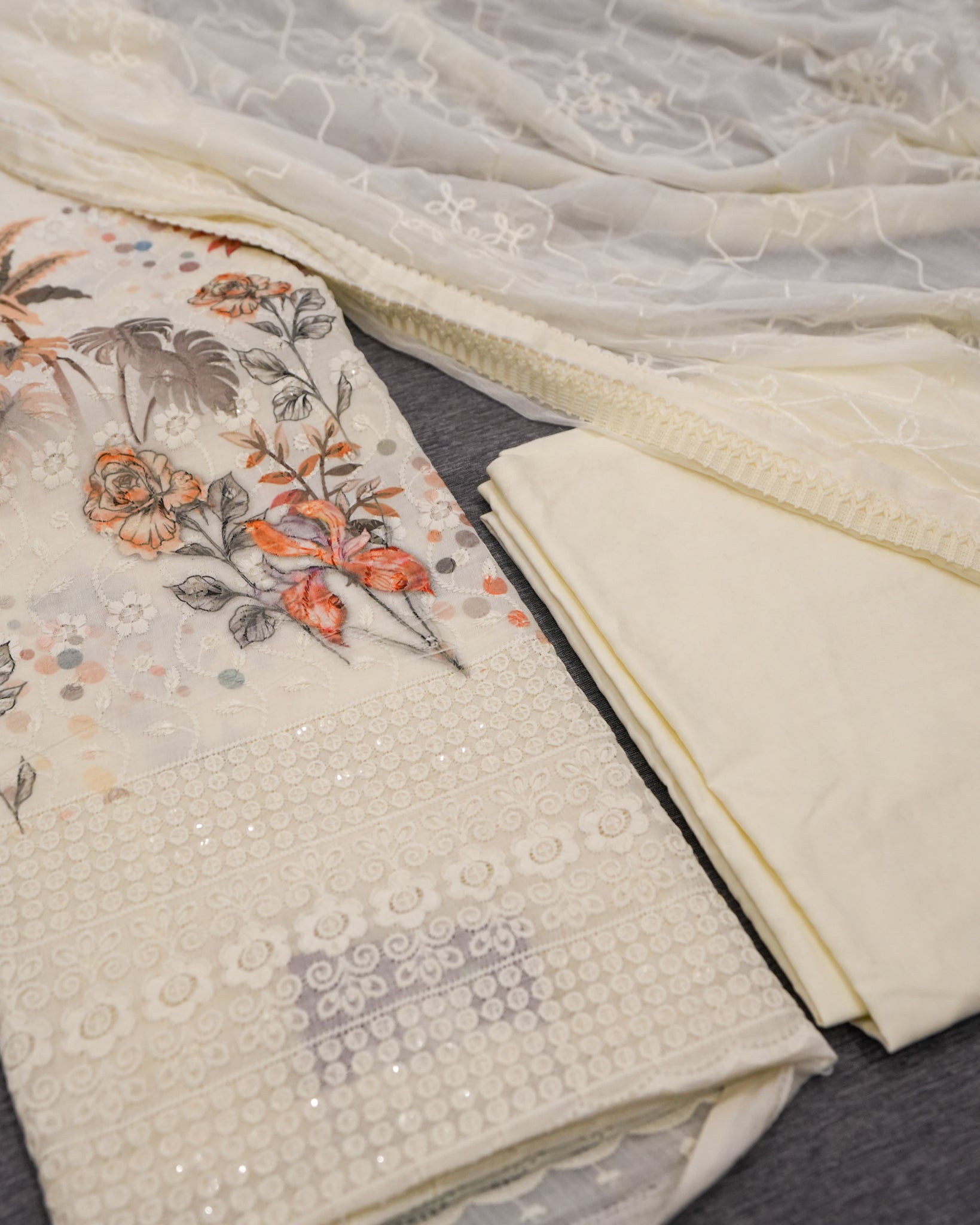 Cream Cotton Chikankari Embroidered Floral Printed Unstitched Suit