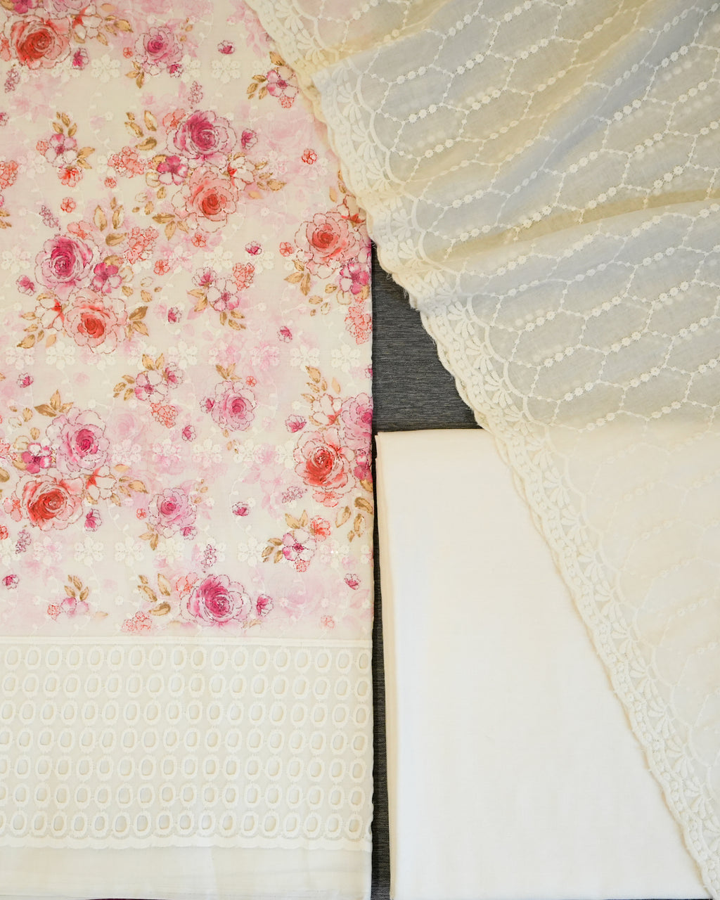 Cream & Pink Cotton Chikankari Embroidered Floral Printed Unstitched Suit
