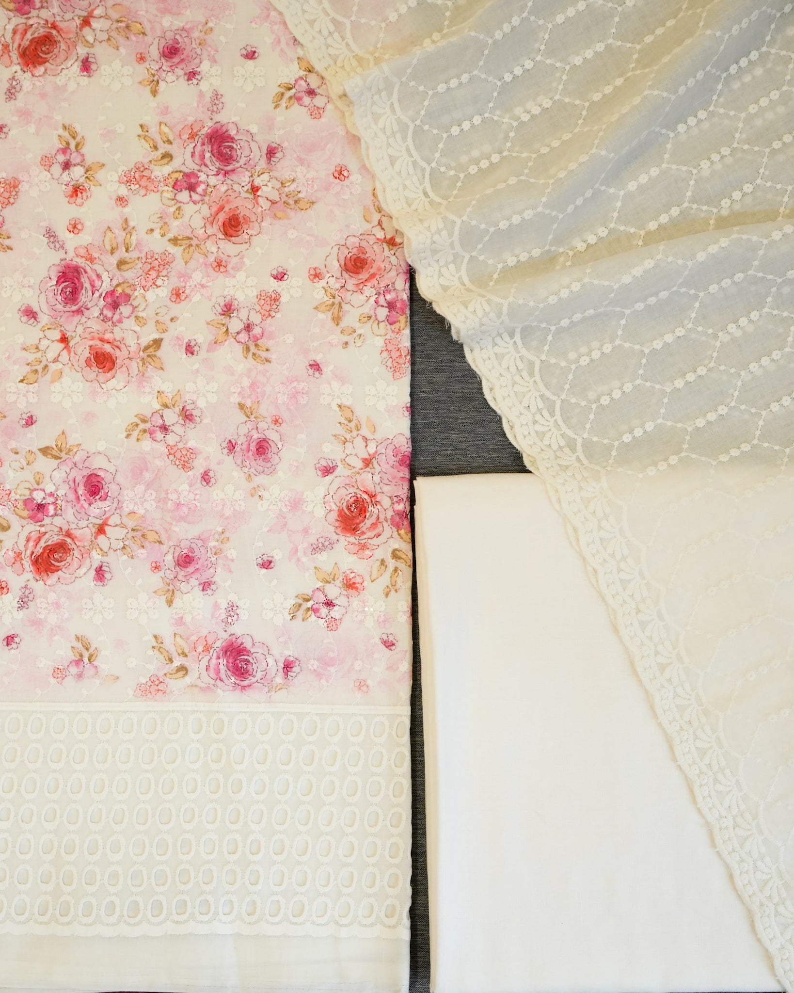 Cream & Pink Cotton Chikankari Embroidered Floral Printed Unstitched Suit