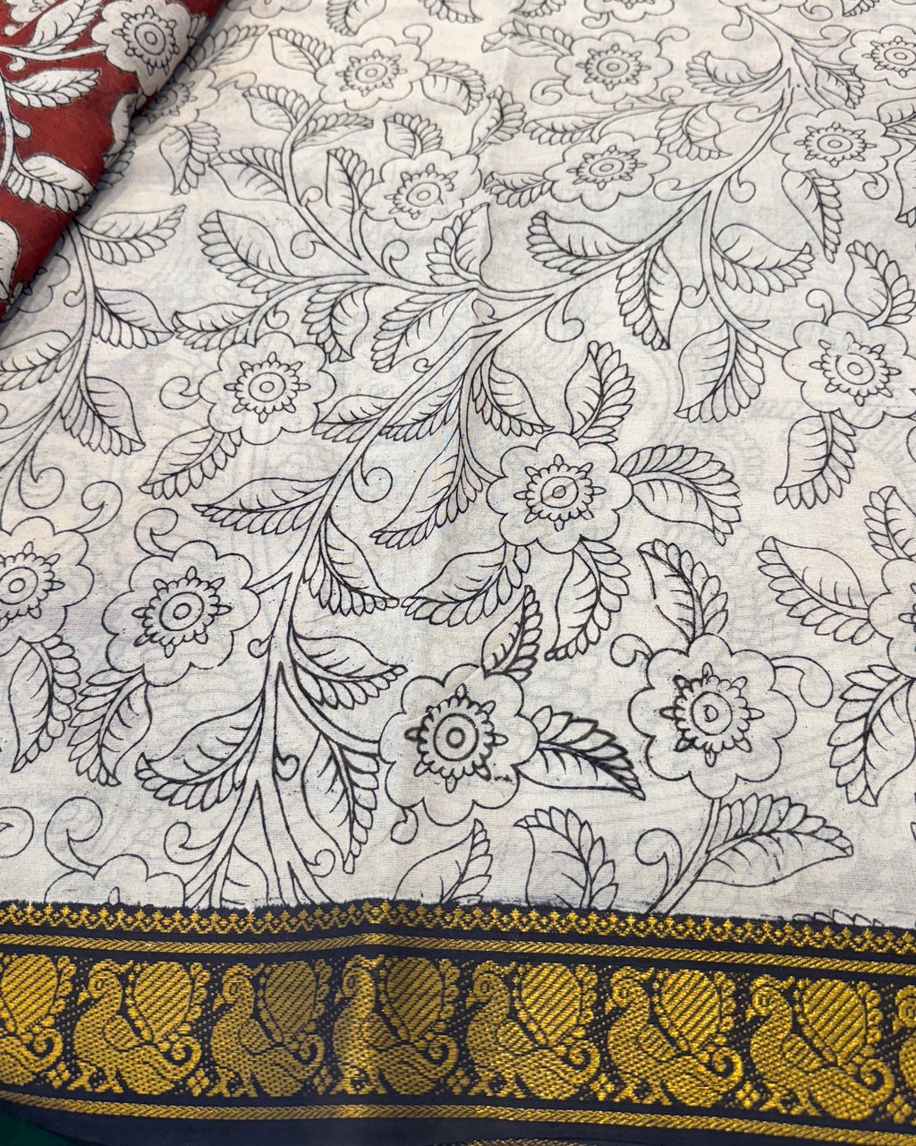 Kalamkari Cotton Saree with Nizam Border – Red Floral Pattern