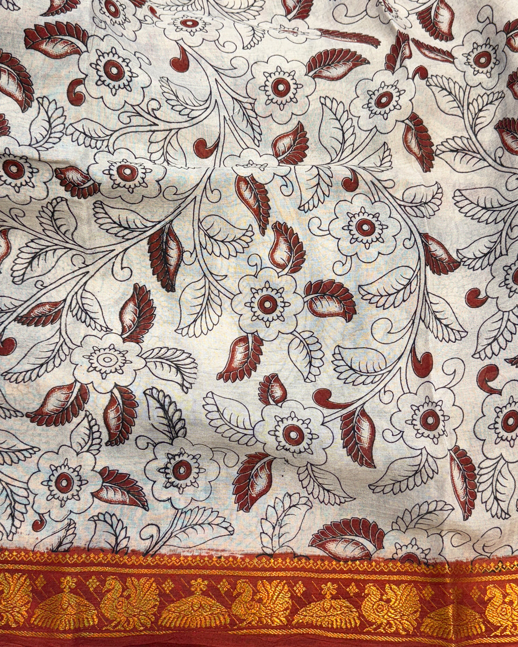 Kalamkari Cotton Saree with Nizam Border – Black Floral Pattern