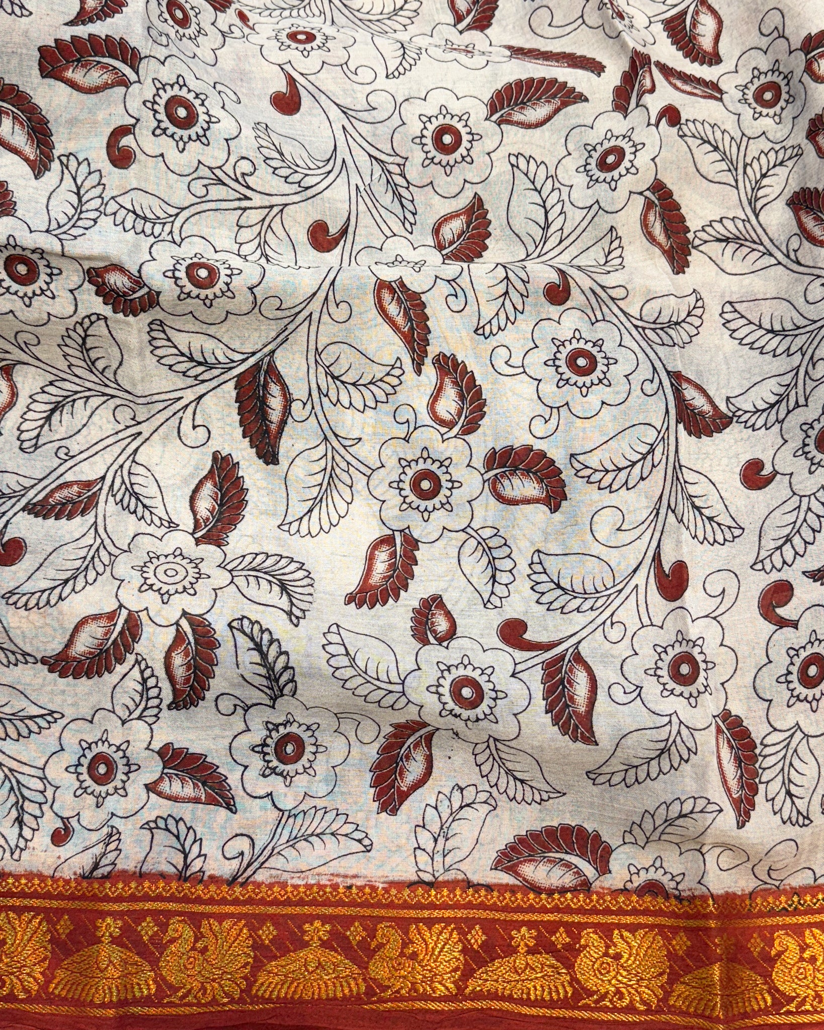 Kalamkari Cotton Saree with Nizam Border – Black Floral Pattern