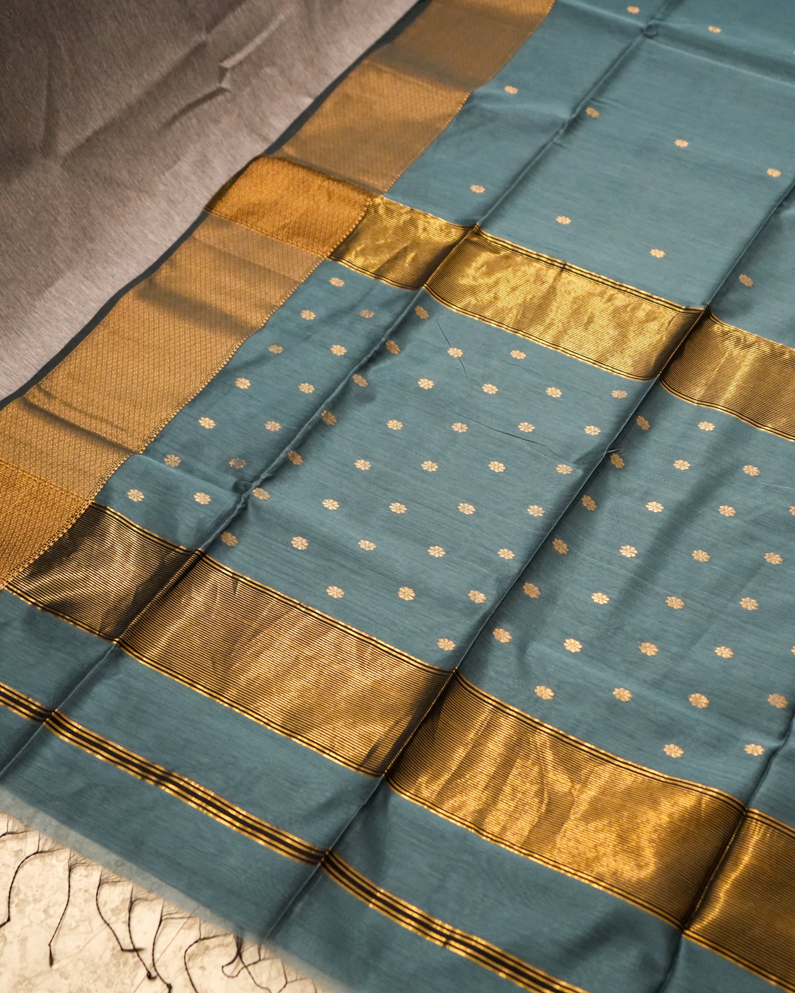 Slate Blue Woven Pure Silk Cotton Maheshwari Saree
