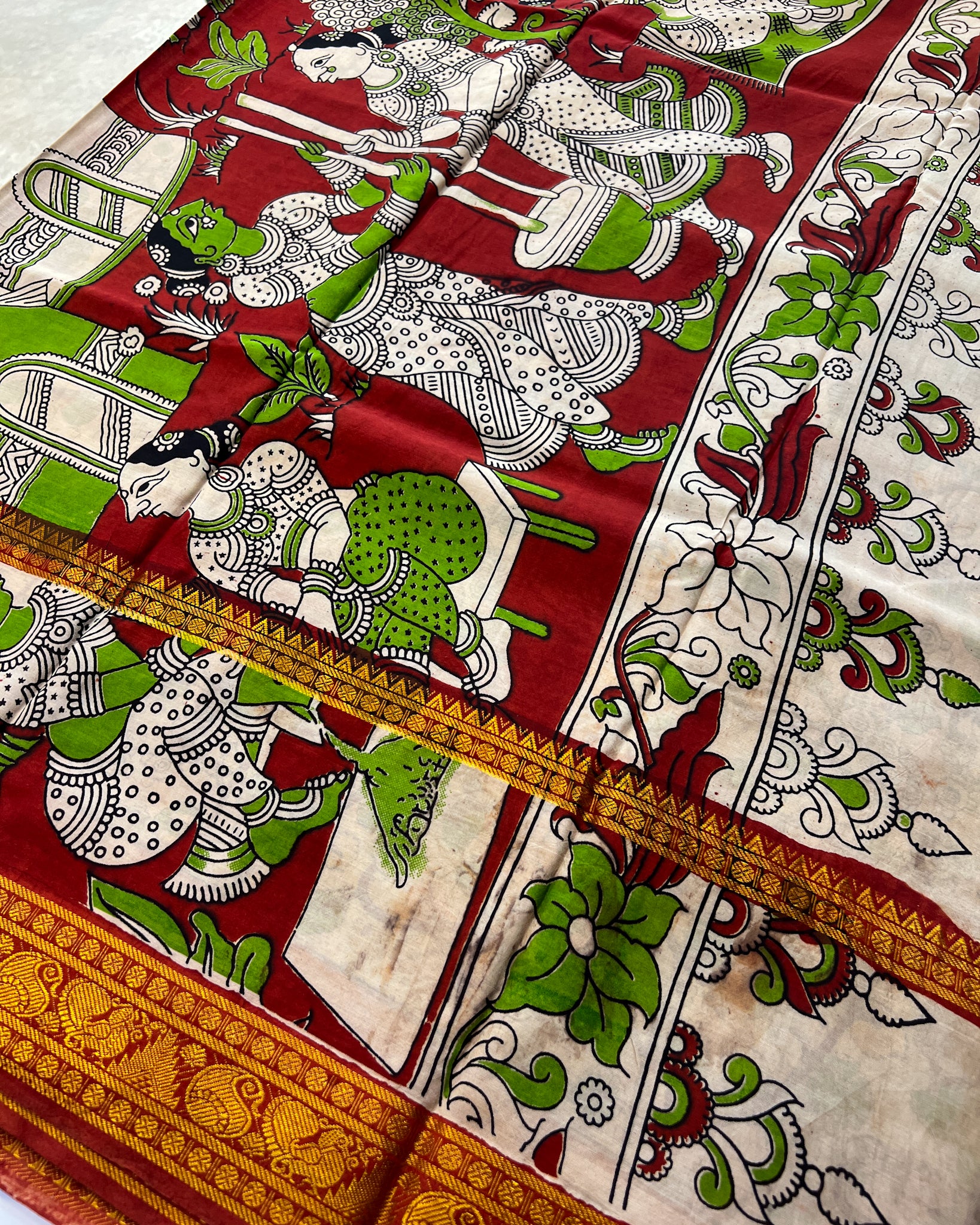 Mangalagiri Silk Saree with Kalamkari Border & Pallu | Reds