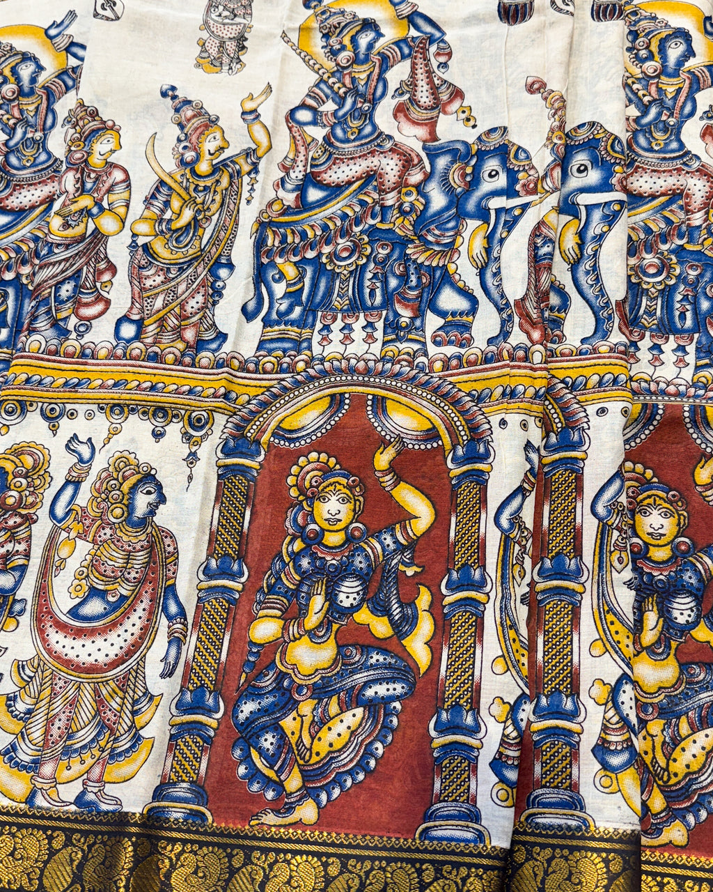 Kalamkari Cotton Saree with Nizam Border – White Village Pattern