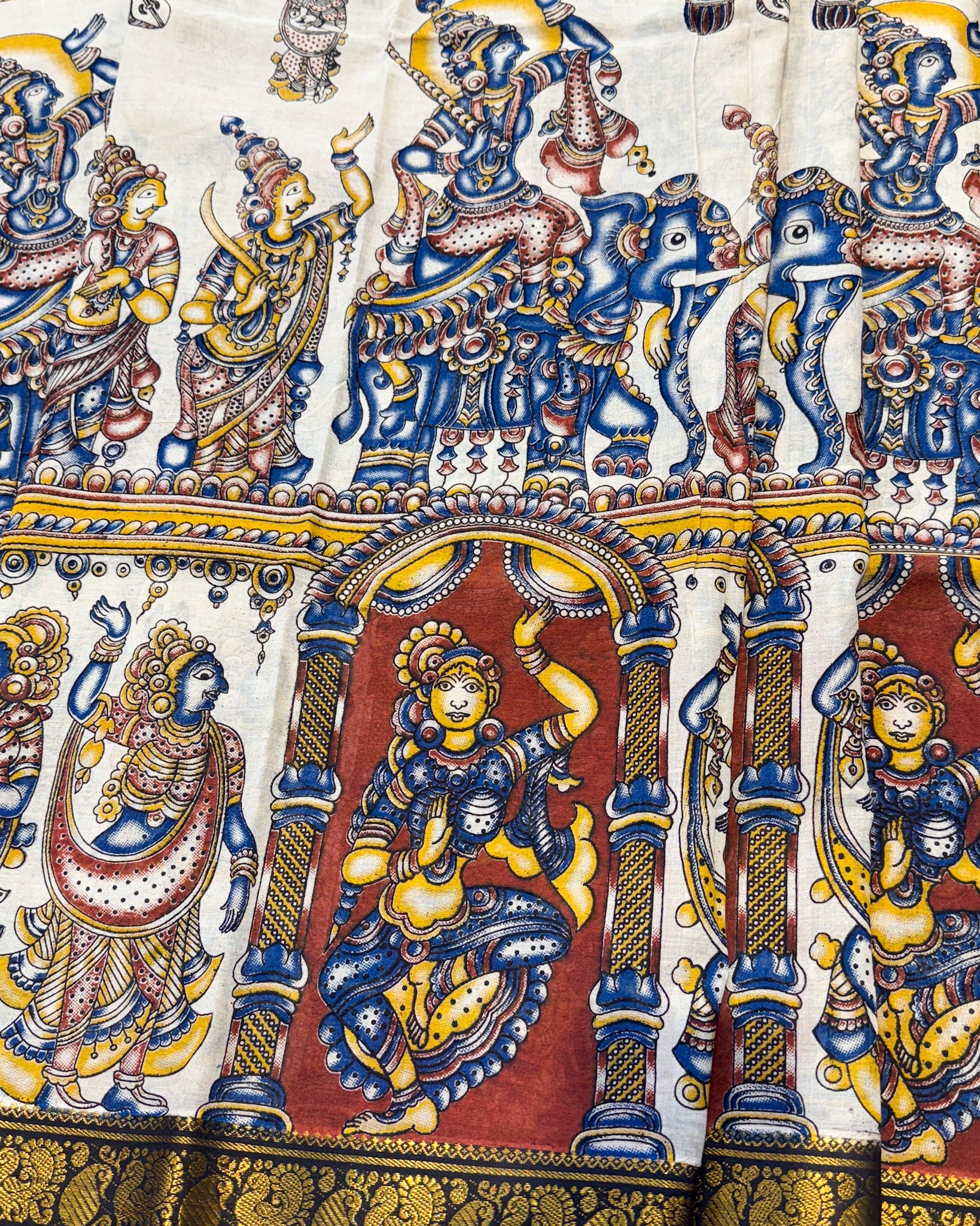Kalamkari Cotton Saree with Nizam Border – White Village Pattern