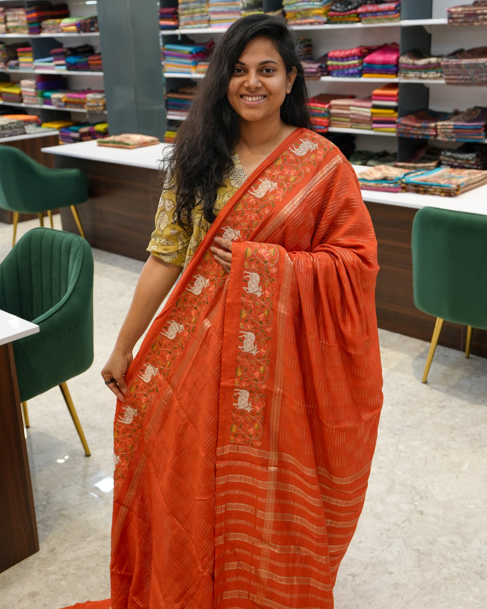 Soft Tussar Orange Premium Saree with Zari Work & Pichwai Embroidered Border