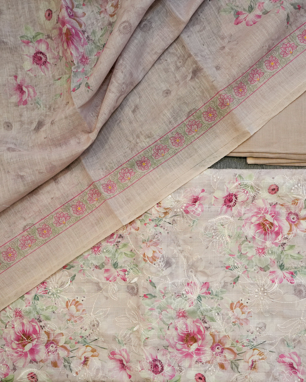 Pink Cotton Chikankari Embroidered Floral Printed Unstitched Suit