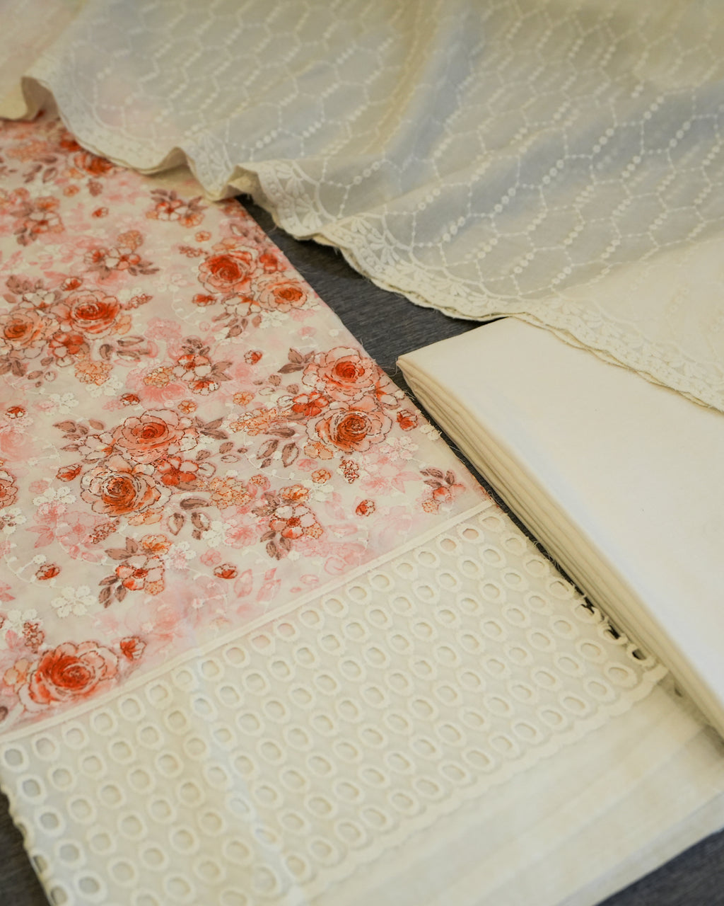 Cream & Orange Cotton Chikankari Embroidered Floral Printed Unstitched Suit