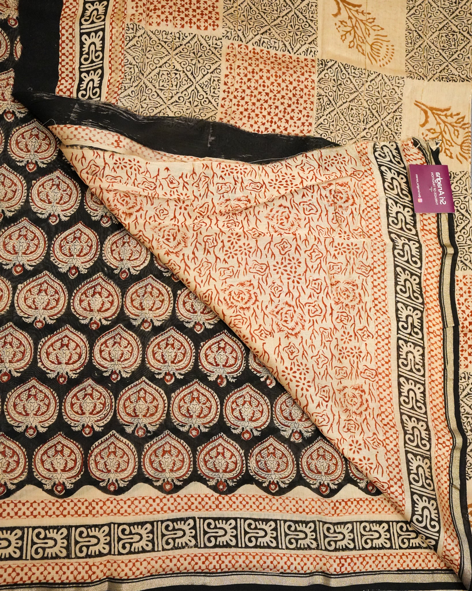 Chanderi Turtle Silk Saree – Red, Black & Cream