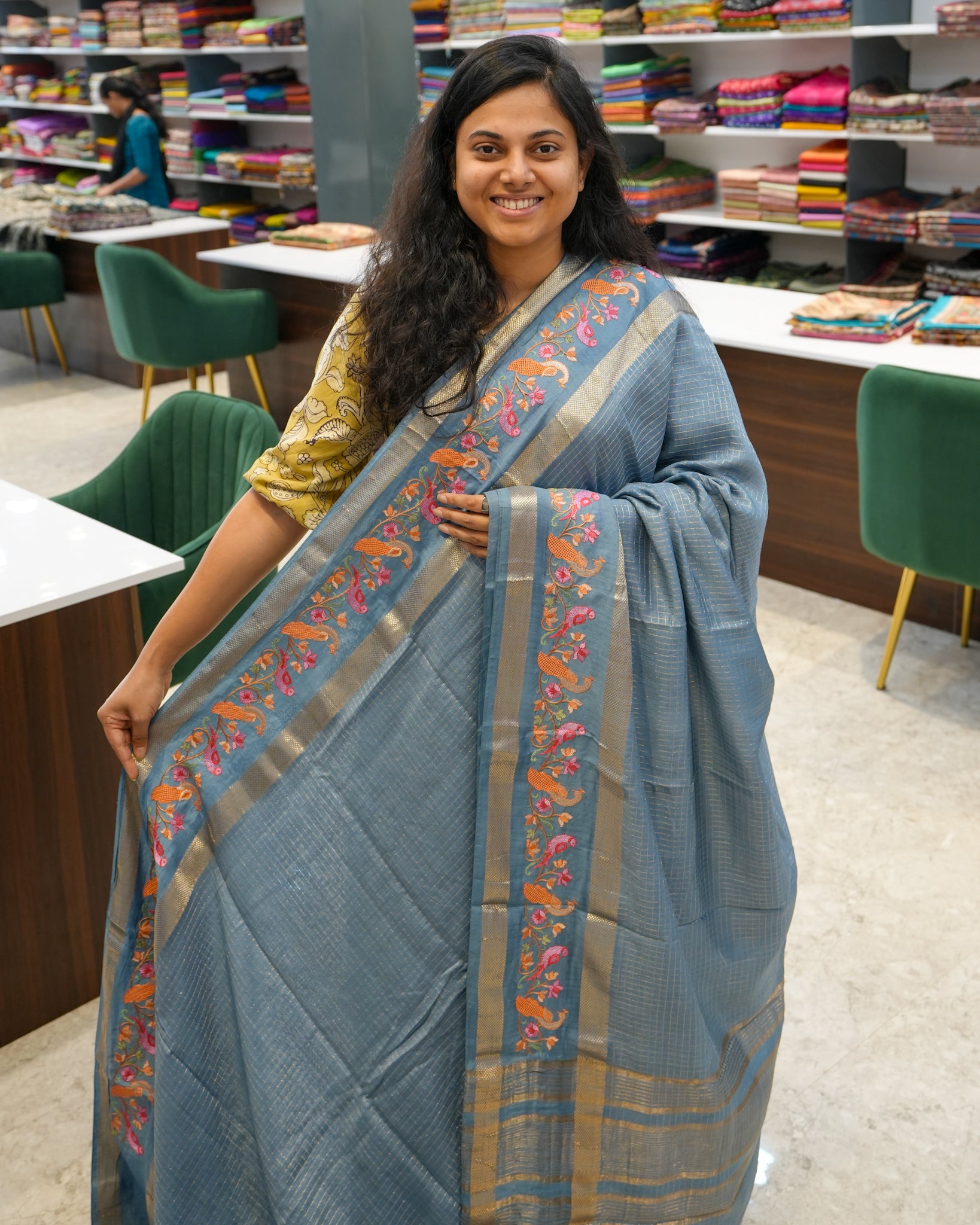 Soft Tussar Slate Blue Premium Saree with Zari Work & Peacock Embroidered Border