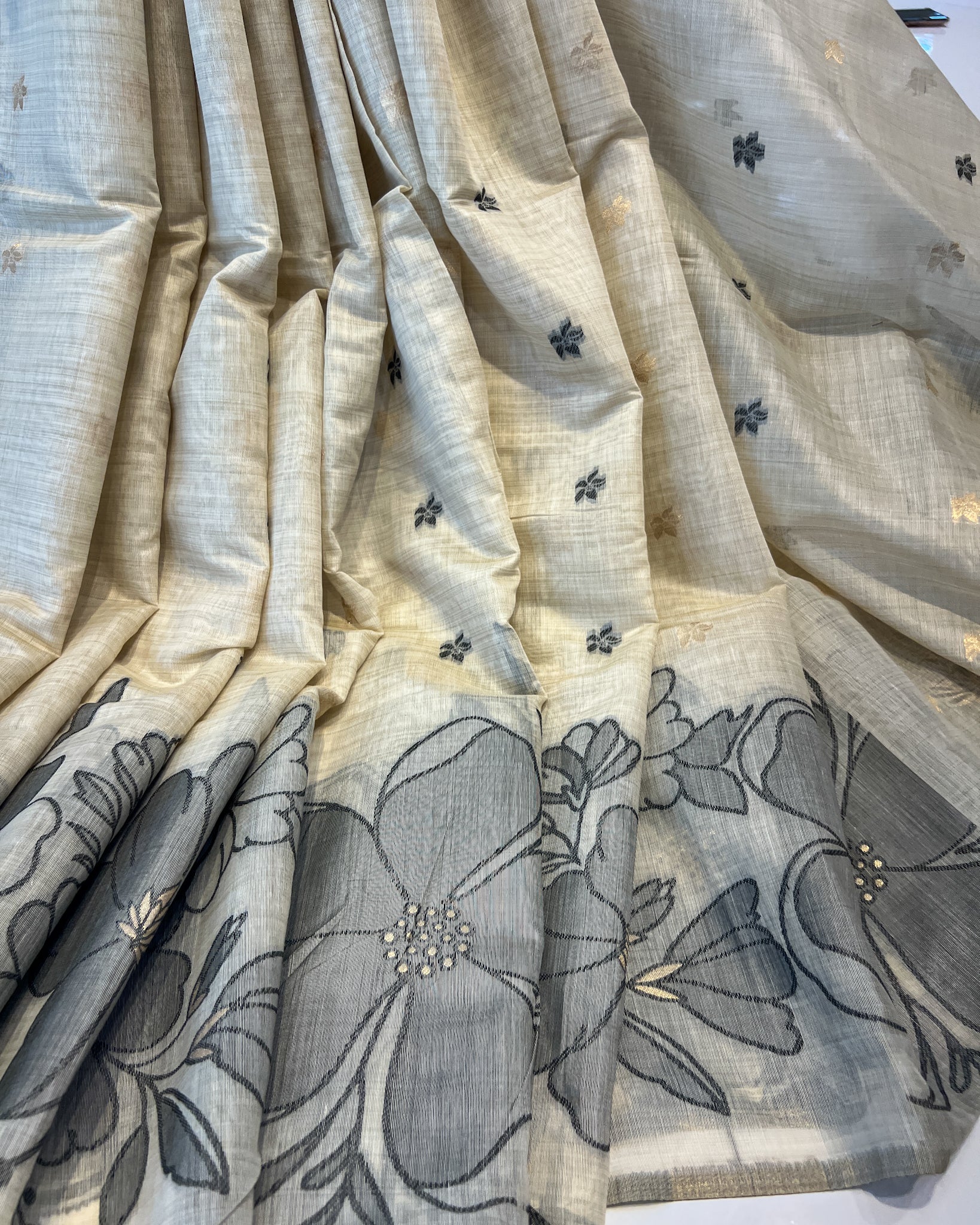 Cream Muga Cotton Saree with Grey Floral Threadwork