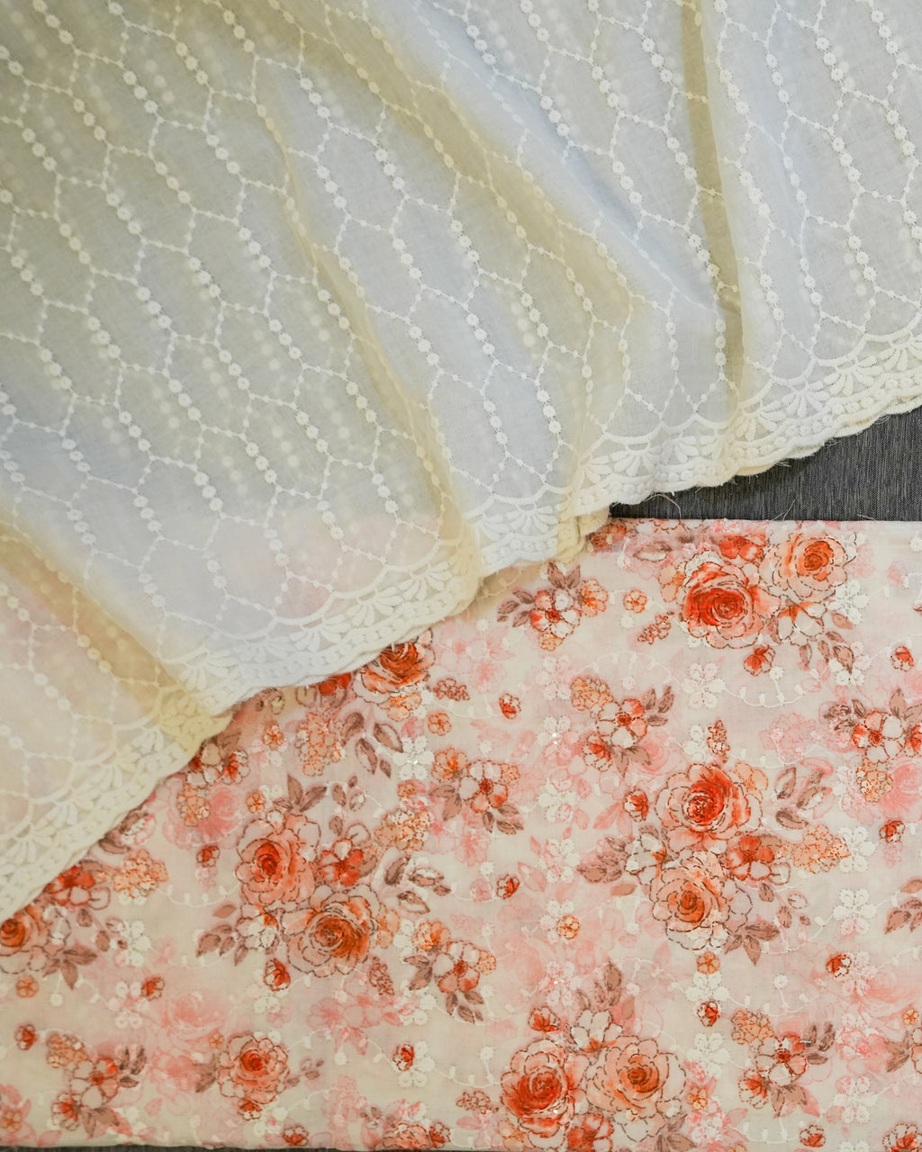 Cream & Orange Cotton Chikankari Embroidered Floral Printed Unstitched Suit