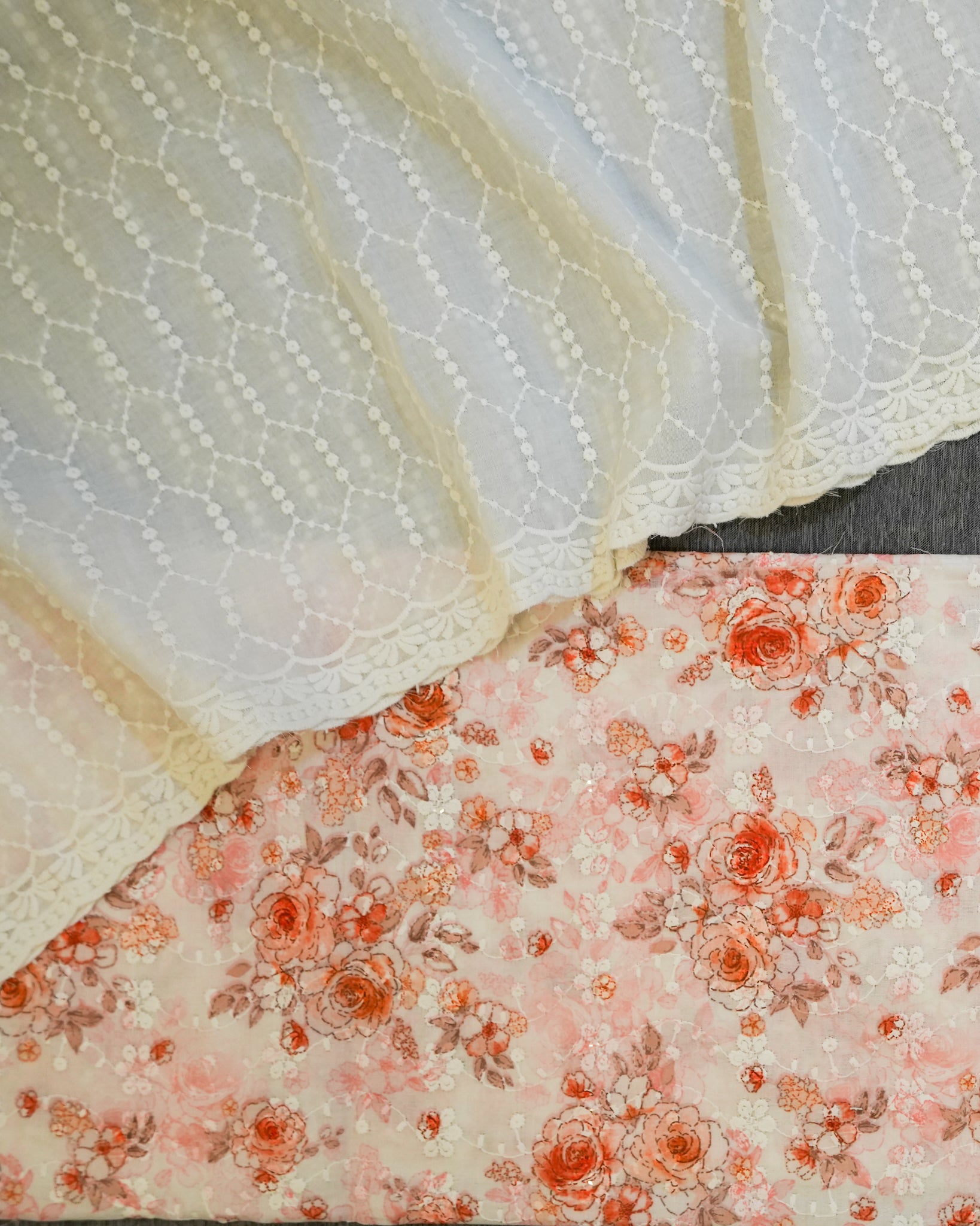 Cream & Orange Cotton Chikankari Embroidered Floral Printed Unstitched Suit