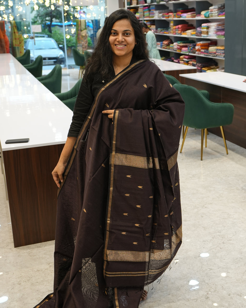 Chocolate Brown Woven Pure Silk Cotton Maheshwari Saree