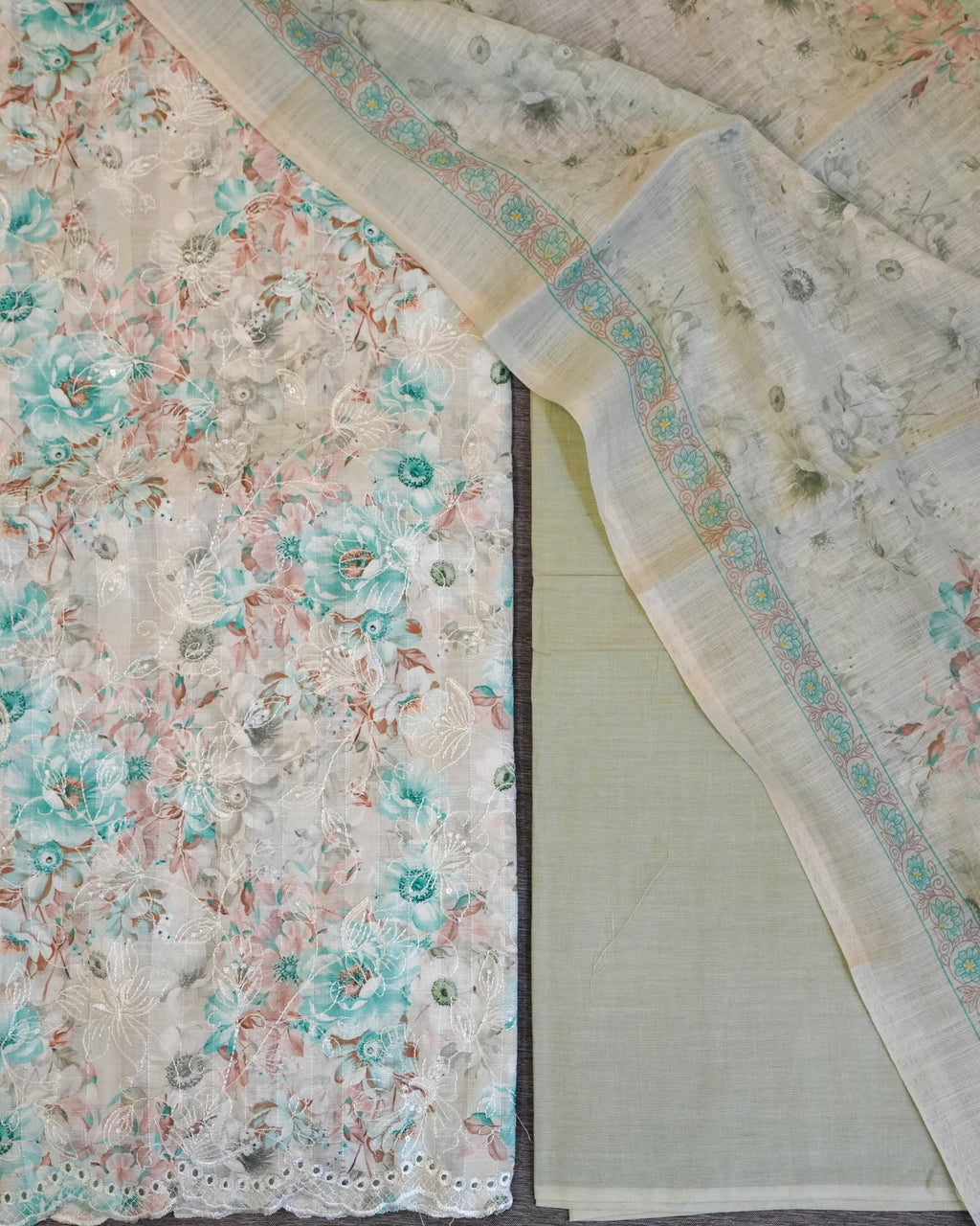 Blue Cotton Chikankari Embroidered Floral Printed Unstitched Suit