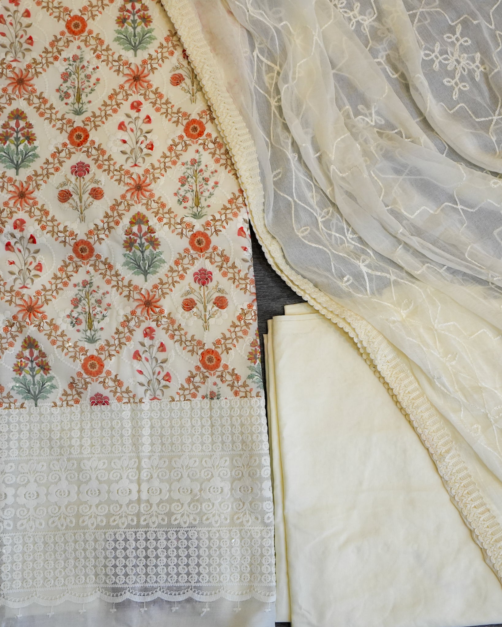 Cream Cotton Chikankari Embroidered Floral Printed Unstitched Suit
