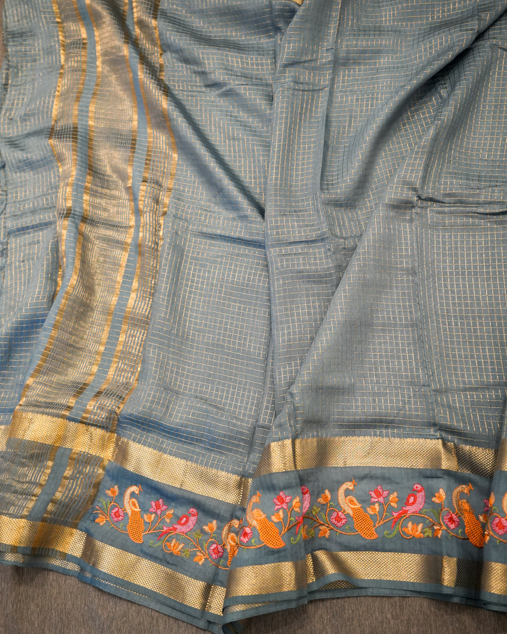 Soft Tussar Slate Blue Premium Saree with Zari Work & Peacock Embroidered Border