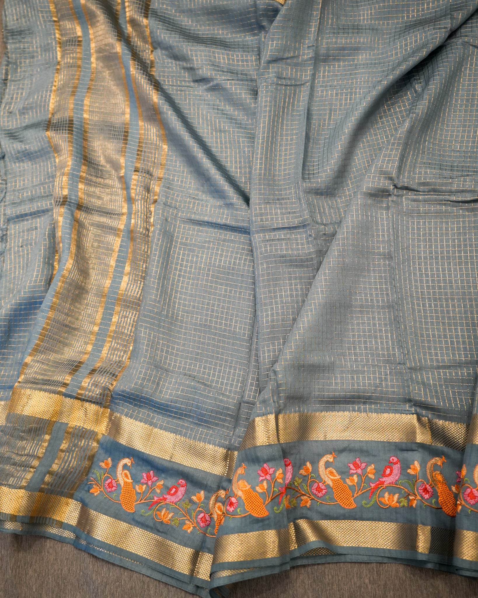 Soft Tussar Slate Blue Premium Saree with Zari Work & Peacock Embroidered Border