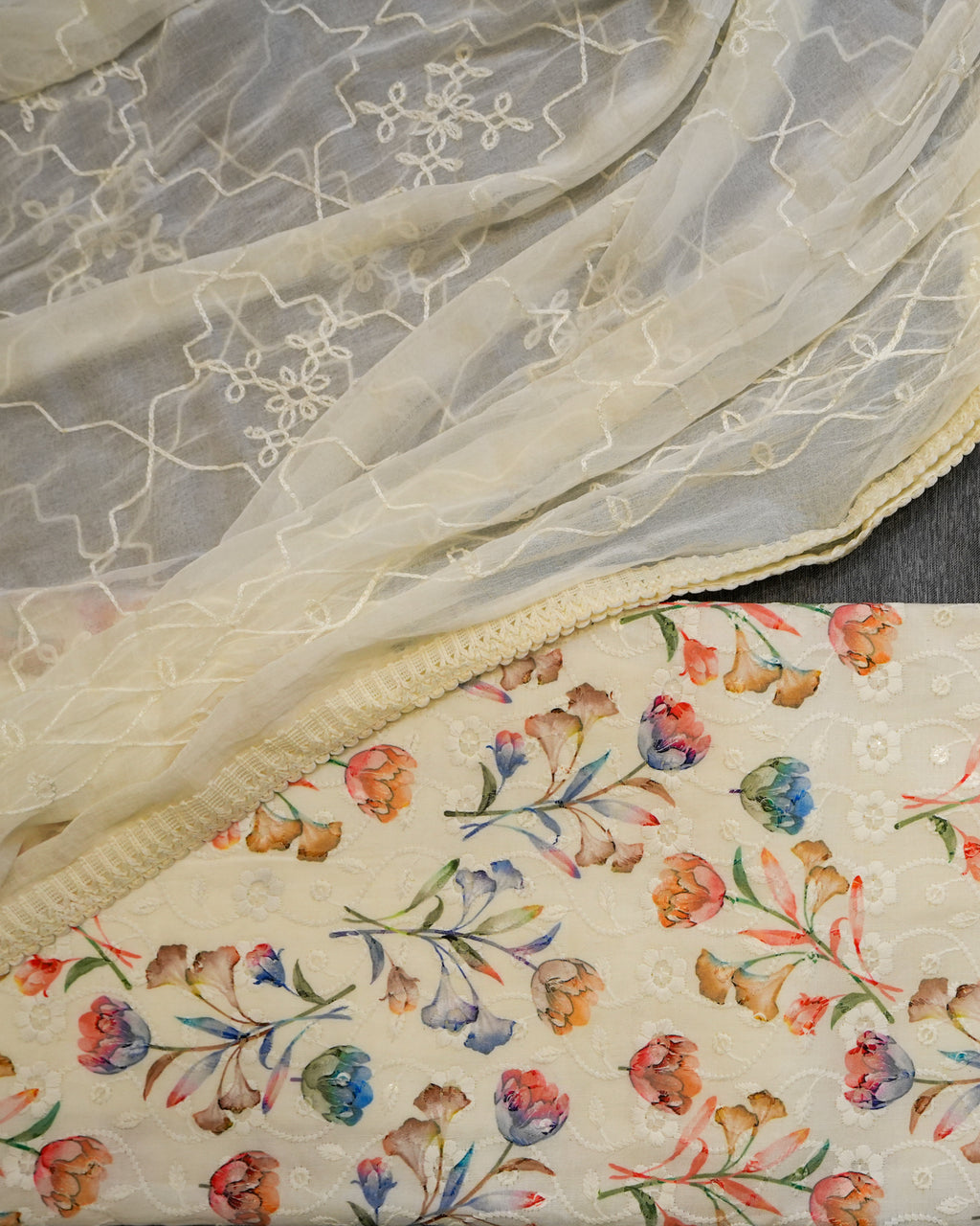 Cream Cotton Chikankari Embroidered Floral Printed Unstitched Suit